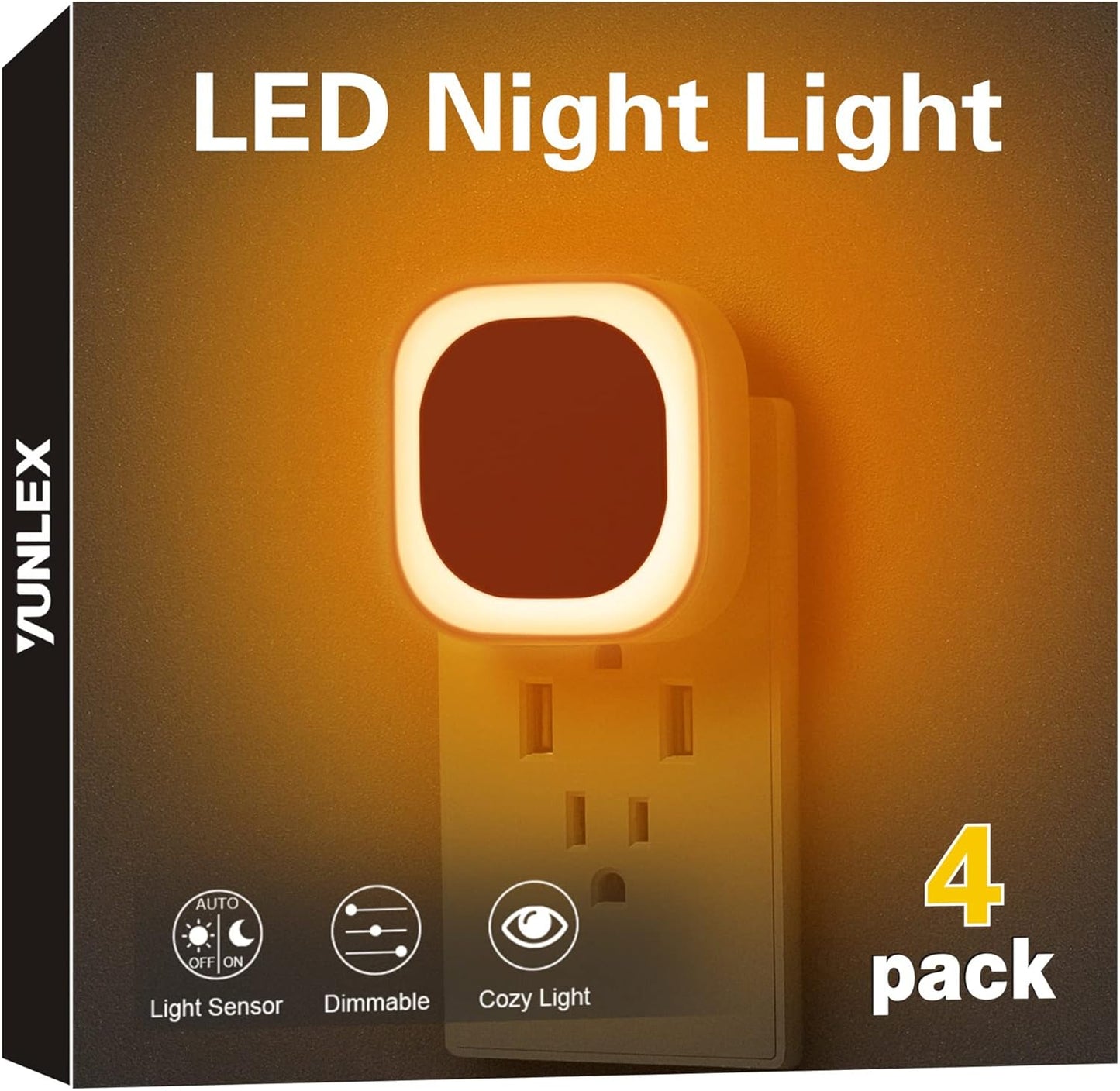 4 Pack Plug in Amber Night Light, Auto Dusk to Dawn, Soft Glow, Dimmable, Diffused Light, LED Lights for Bedroom, Kids, Bathroom, Sleep, Baby Nursery, Toddler, Hallway, Kitchen, Home Decor