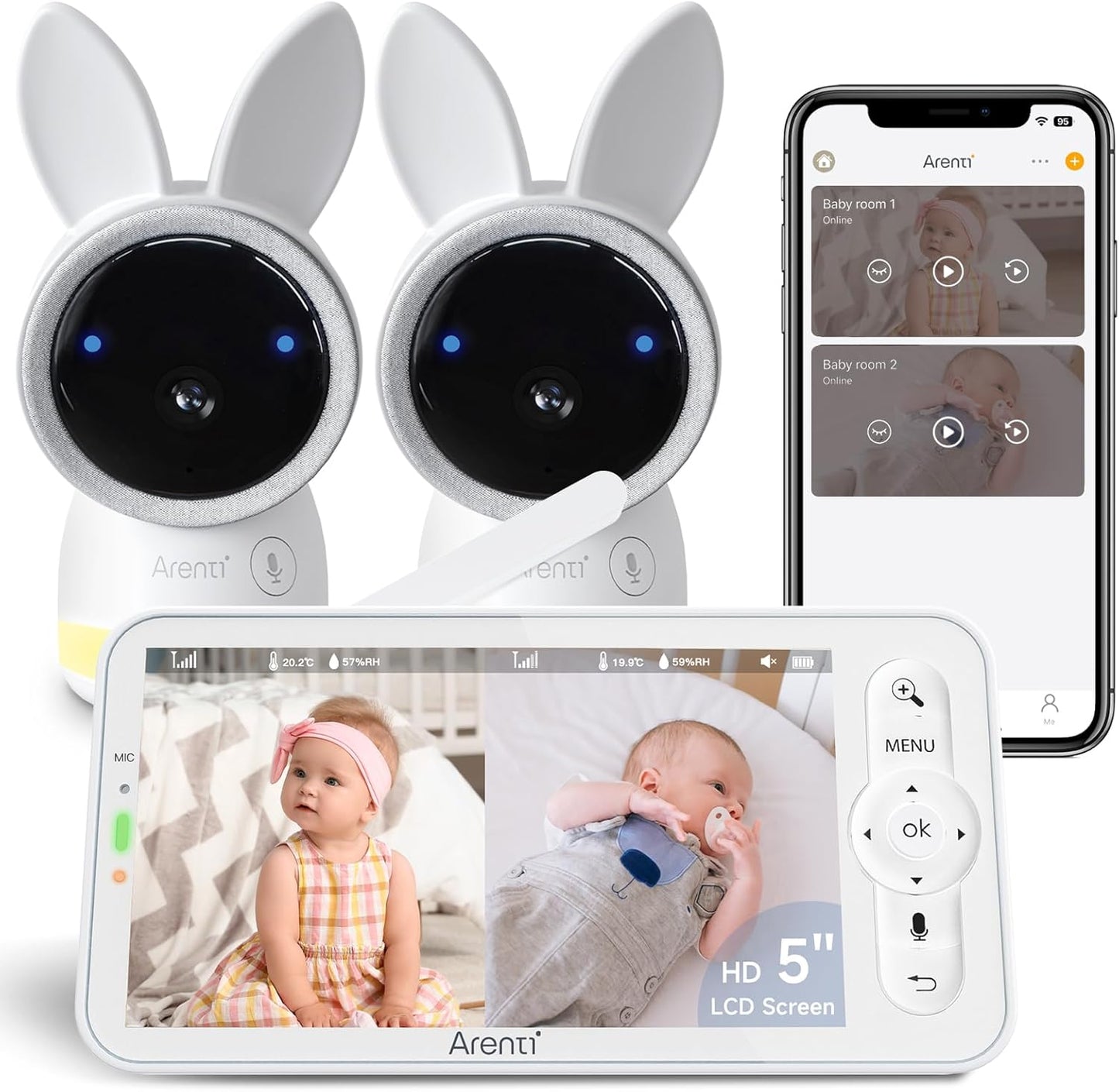 ARENTI Baby Monitor with 2 Cameras, 2K Smart Baby Camera with 5'' Upgraded Wireless Display, Super Night Vision, Breathing Light, Lullabies, Cry&Motion Detection, Temp&Humidity Sensor, 2 Way Audio