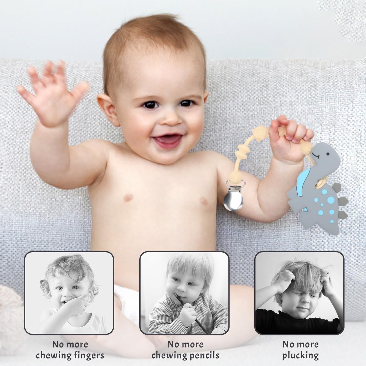 Baby Teething Toys for Babies, Dinosaur Teether Pain Relief Toy with One Piece Design Pacifier Clip Holder Set, Freezer Safe Neutral Shower Gift for Boys and Girls (Gray)