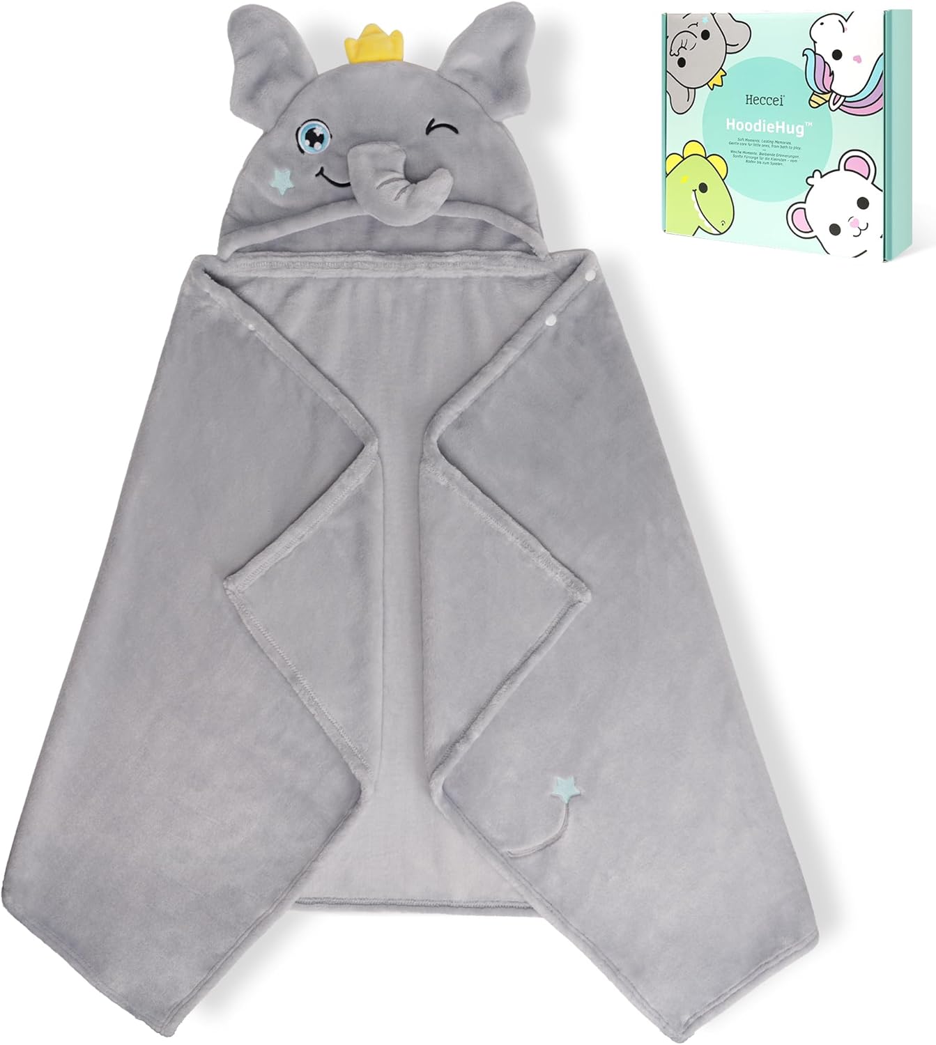 HECCEI HoodieHug Baby Towels, Premium Coral Fleece Bath Towel with Large Size-Ultra Absorbent for Baby Comfort- Great Gift for Newborn, Toddler and Kid (Elephant)