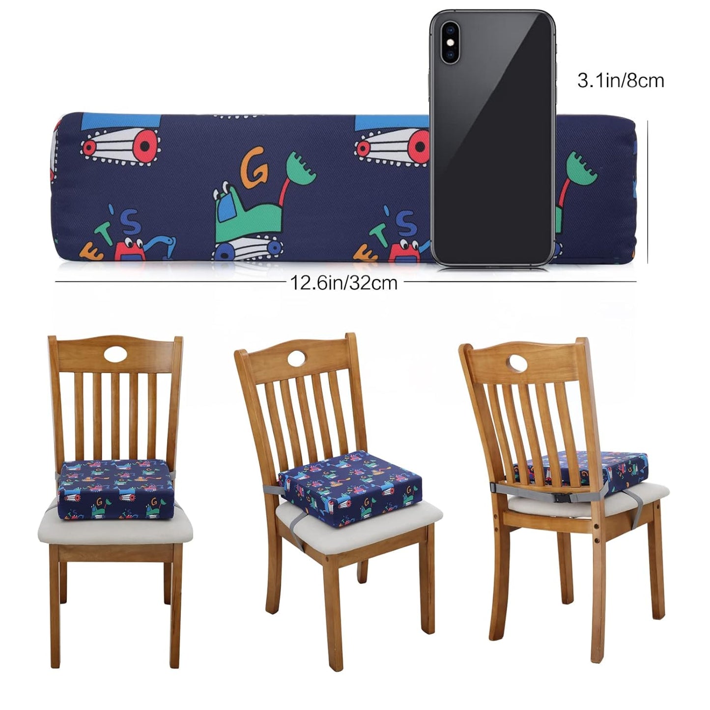 Zicac Portable Toddler Booster Seat for Dining Table, Safer Non-Slip Kids Booster Seat with Double Adjustable Straps, Washable Detachable Strong Support Increasing Cushion for Child (Blue Excavator)