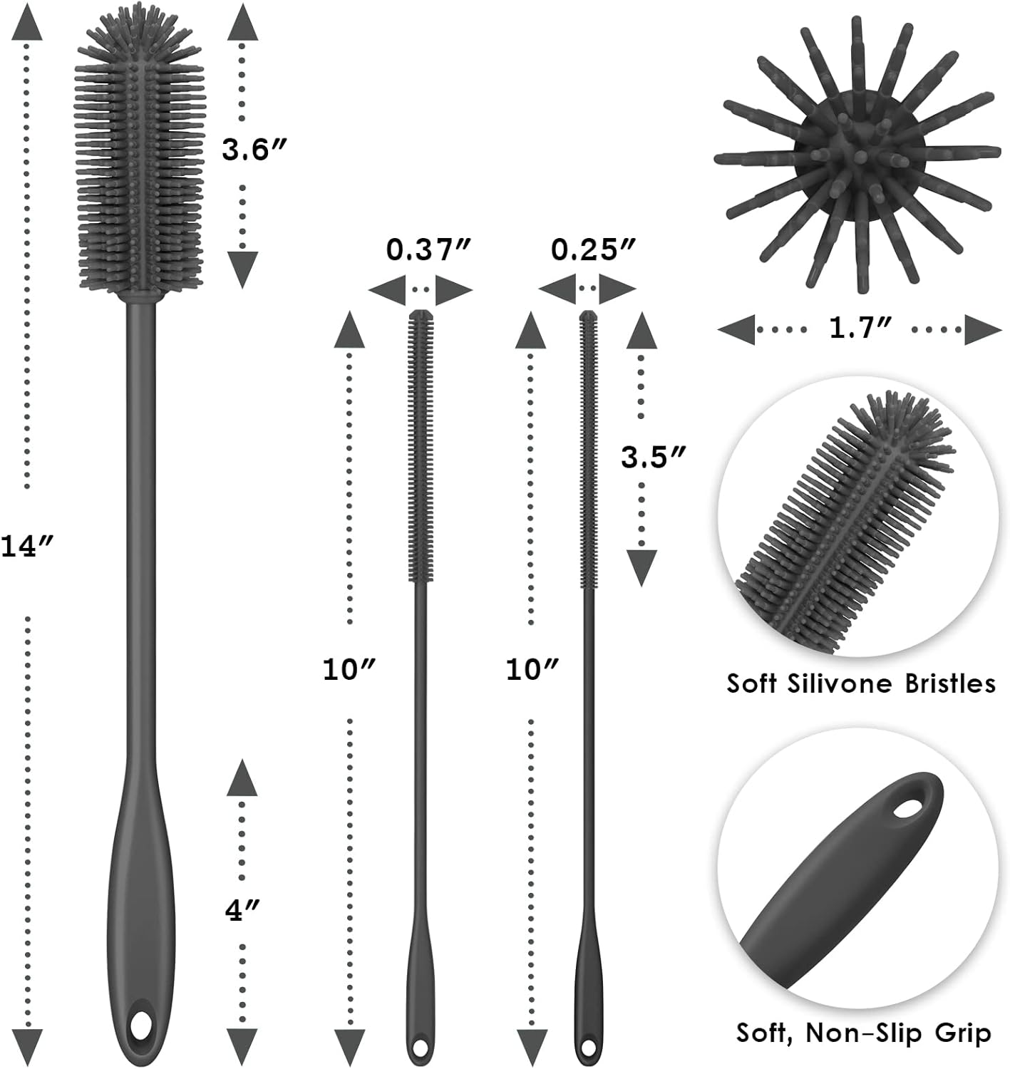 3-in-1 Silicone Bottle Brush and Straw Cleaning Brush Set, Water Bottle Cleaner for Narrow Neck Containers, Tumblers, Flask, Vase and Glassware (Charcoal)