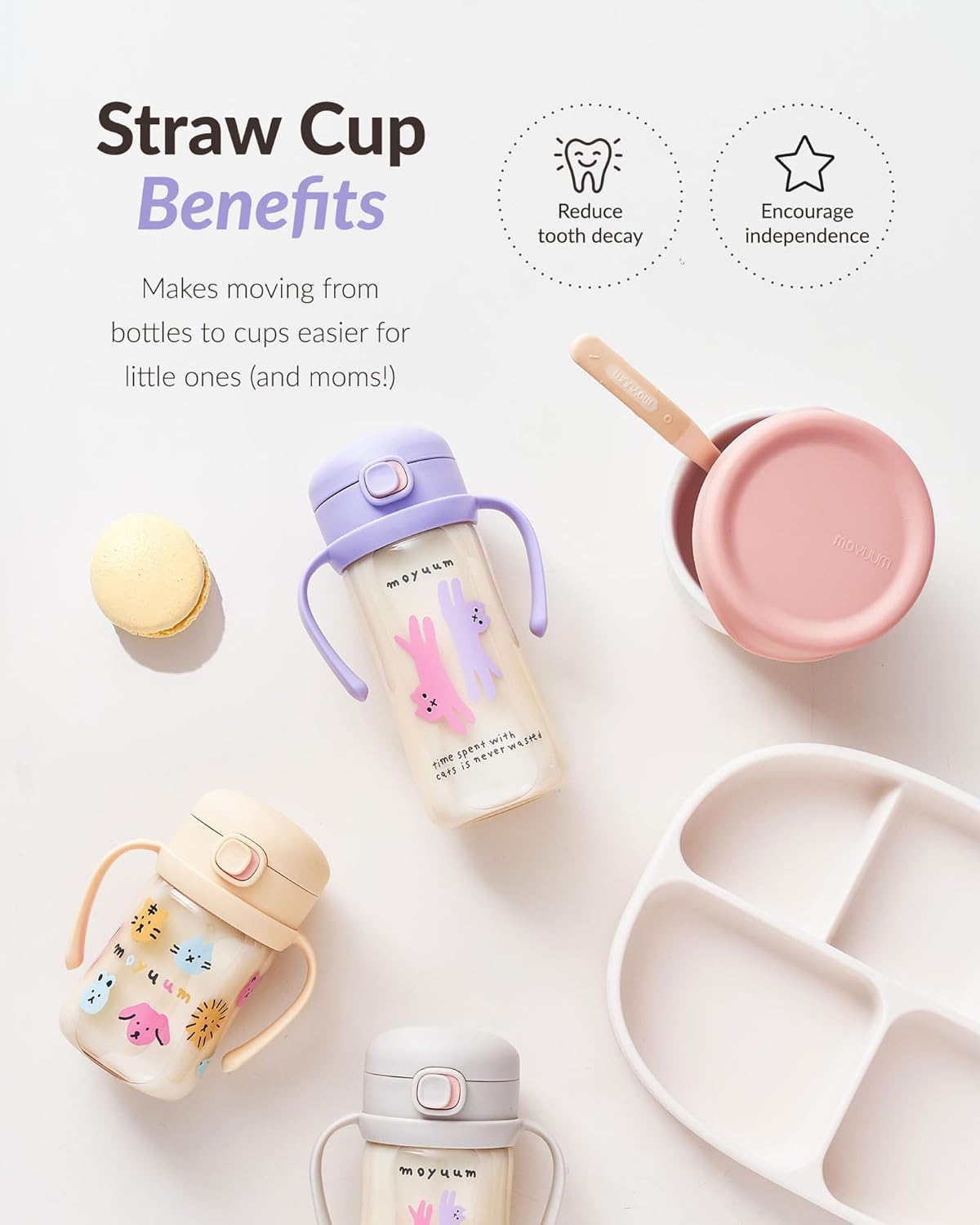 MOYUUM Leak Proof Sippy Cup with Handle | Made in Korea, 100% BPA Free PPSU, Magic No Spill Straw Cup with Attached Flip Top Lid, Easy to Hold for Babies and Toddlers, 6oz Gray