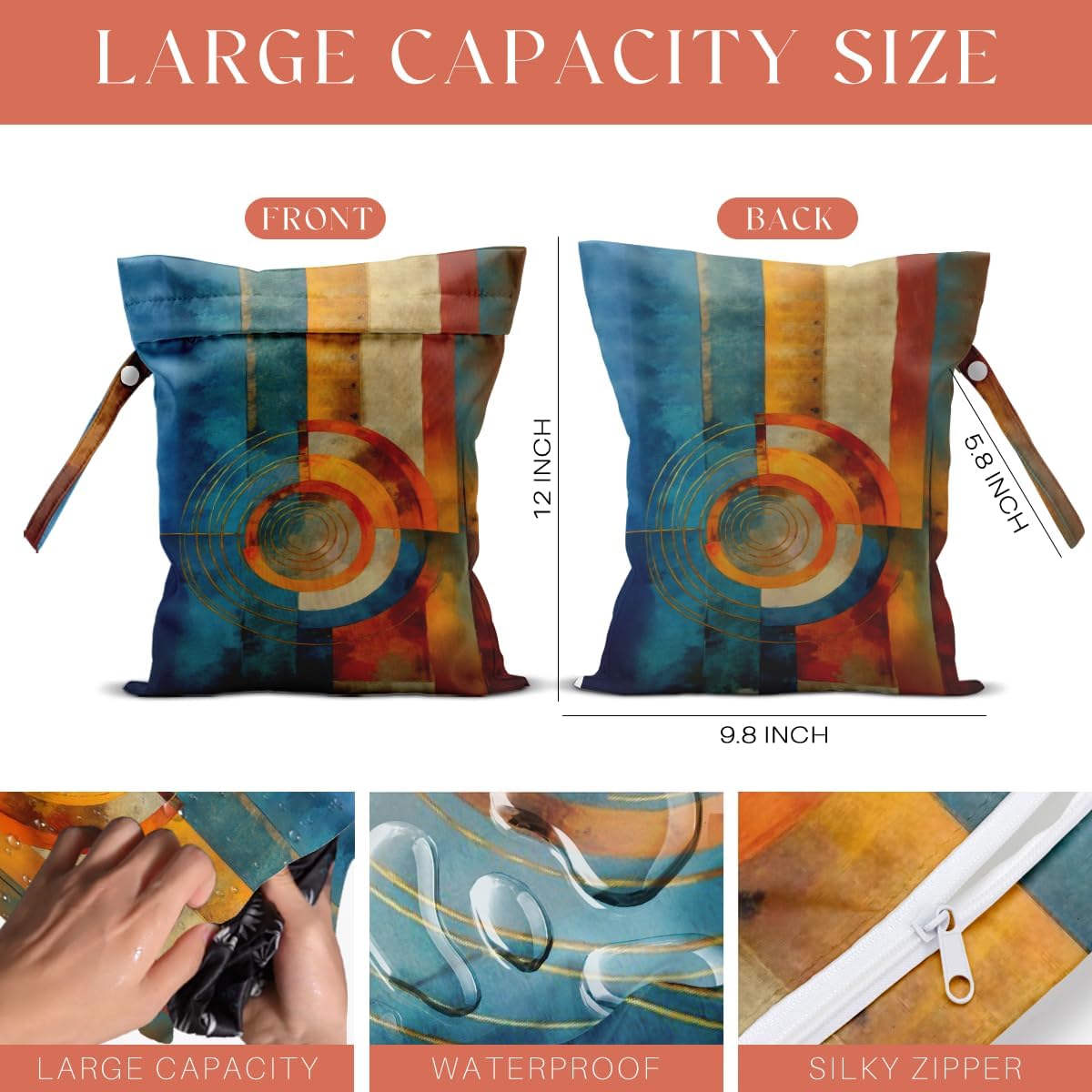 4 Pack Cute Wet Bag Waterproof Washable Reusable Wet Dry Bag for Swimsuit Dirty Clothes Diaper Travel Beach Pool Christmas Toiletries Beach Essentials，Abstract Red Blue Yellow Vivid Circular Decor