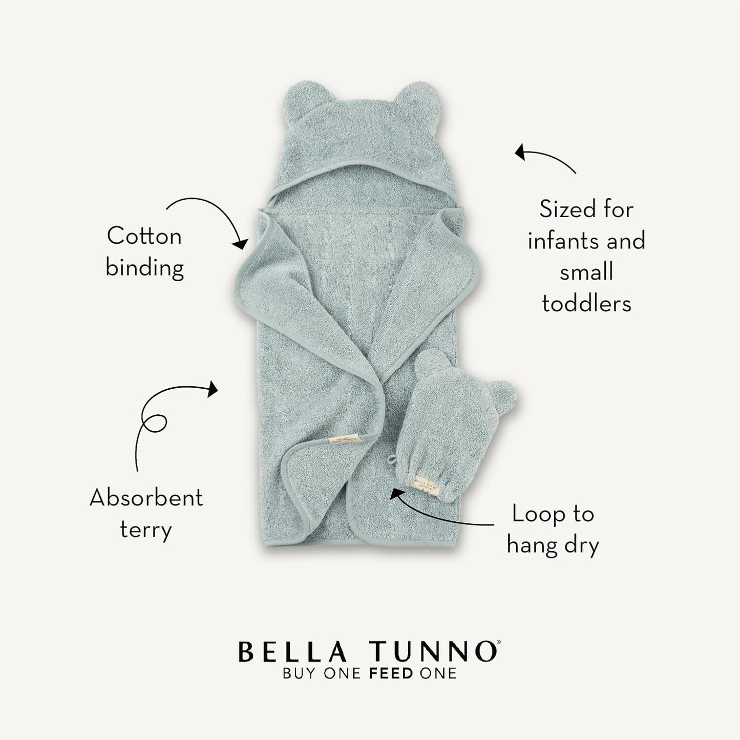 Bella Tunno Baby Bath Towel and Wash Mitt Set – Soft Absorbent Hooded Towels and Mitt-Style Baby Washcloths, Oeko-TEX Certified (Fog)