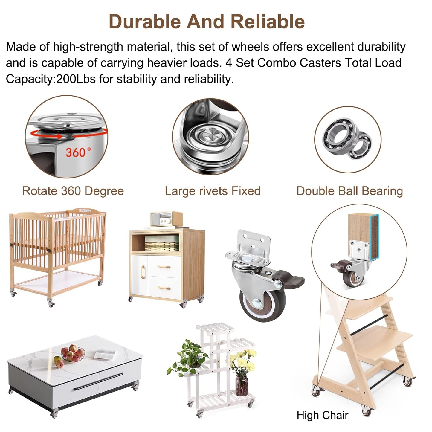 Universal Booster Wheel Kit for Stokke Tripp Trapp High Chairs - 360° Swivel Casters with Safety Locks + Free Sippy Cup Strap (4-Piece Set)