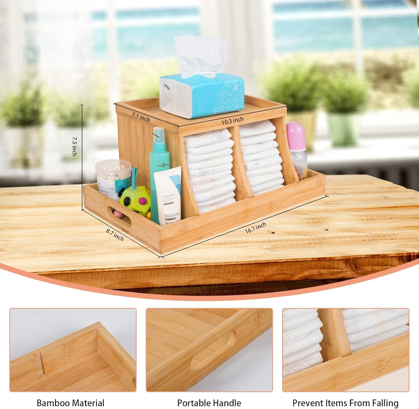Three colors Bamboo Diaper Organizer, Wooden Diaper Caddy, Changing Table Organizer Storage Organizer, Nursery Baby Organization