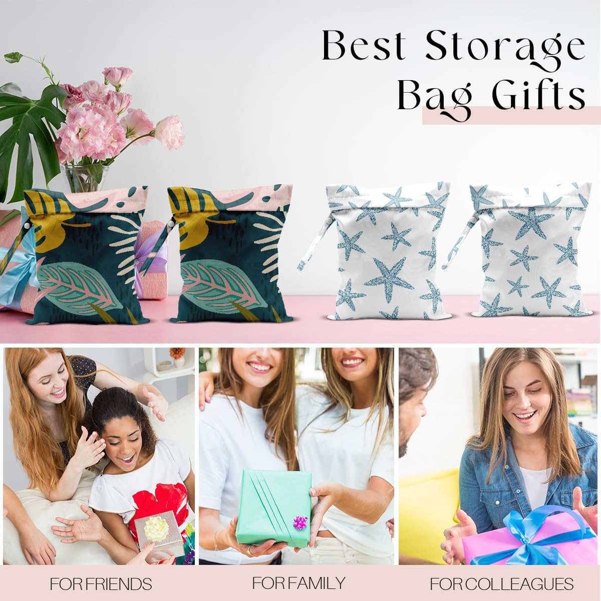 4 Pack Wet Bag for Swimsuit, Beach Travel Essentials Wet Dry Bag, for Sunscreen Toiletry Dirty Clothes Yoga Gym Diaper, Friend Summer Beach Vacation Gifts. Starfish, Palm leaves