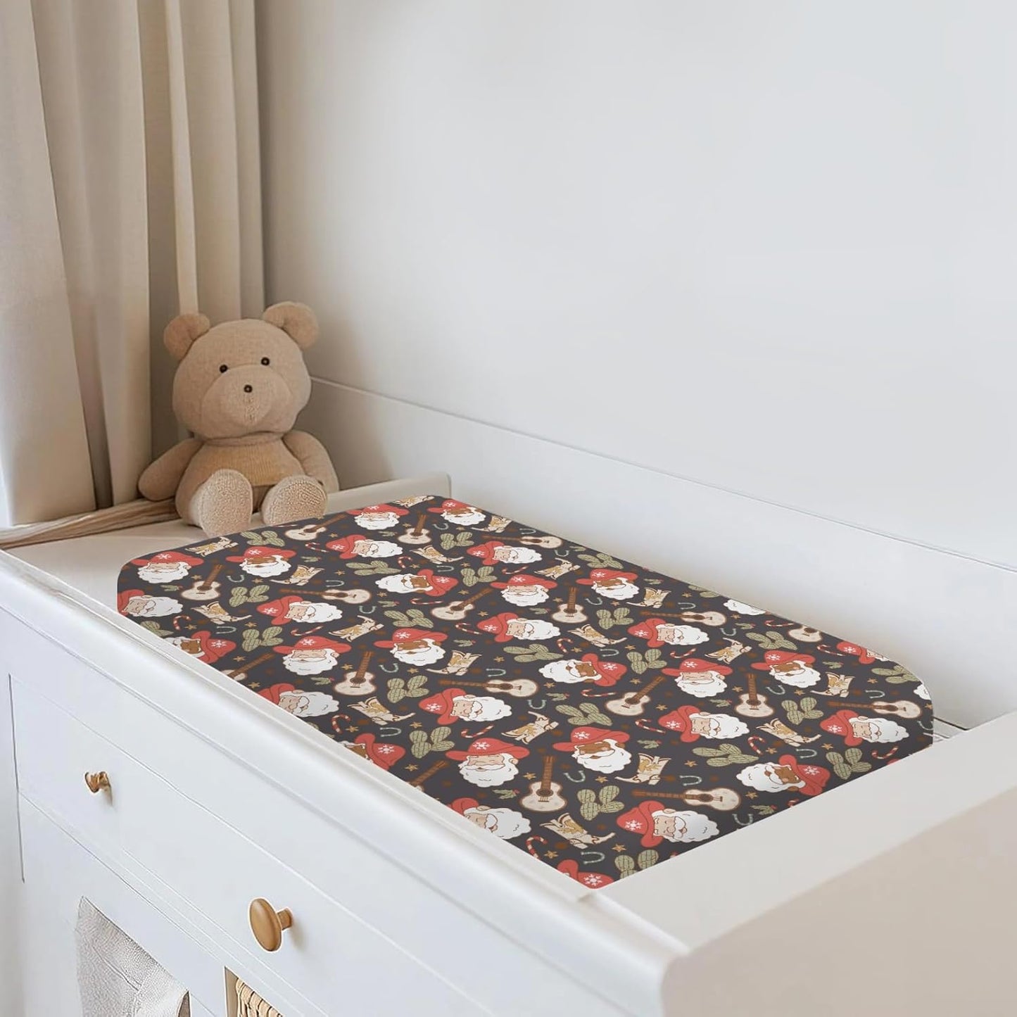 Christmas Western Cowboy Santa Baby Changing Pad Covers for Boy Girl Country Santa Cactus Boots Guitar Fitted Changing Table Mats Winter Holiday Festive Soft Diaper Change Table Sheets 32''×16''