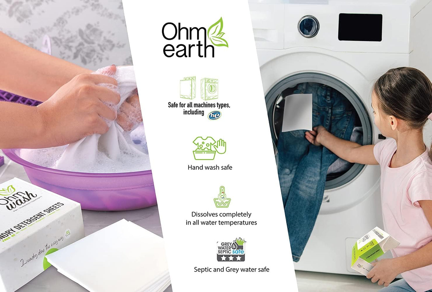 Ohm Earth’s Wash Laundry Detergent Sheets Hypoallergenic & Dye-Free Liquidless Detergent, Fast Dissolving Concentrated Strips Ideal for Sensitive Skin, 50 count (up to 100 Loads) Spring Breeze