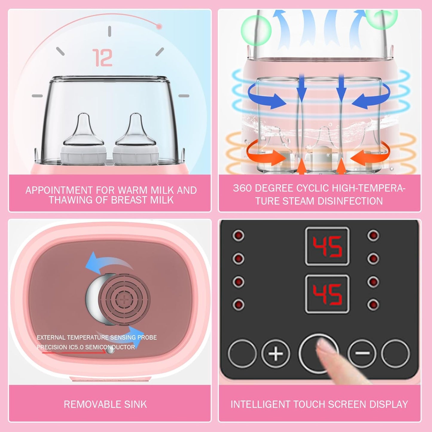 Baby Bottle Warmer ＆ Steriliser Temperature Adjustable Portable Bottle Warmer Remote Control Baby Food Heater with LCD Display for Breastmilk or Formula, Grey