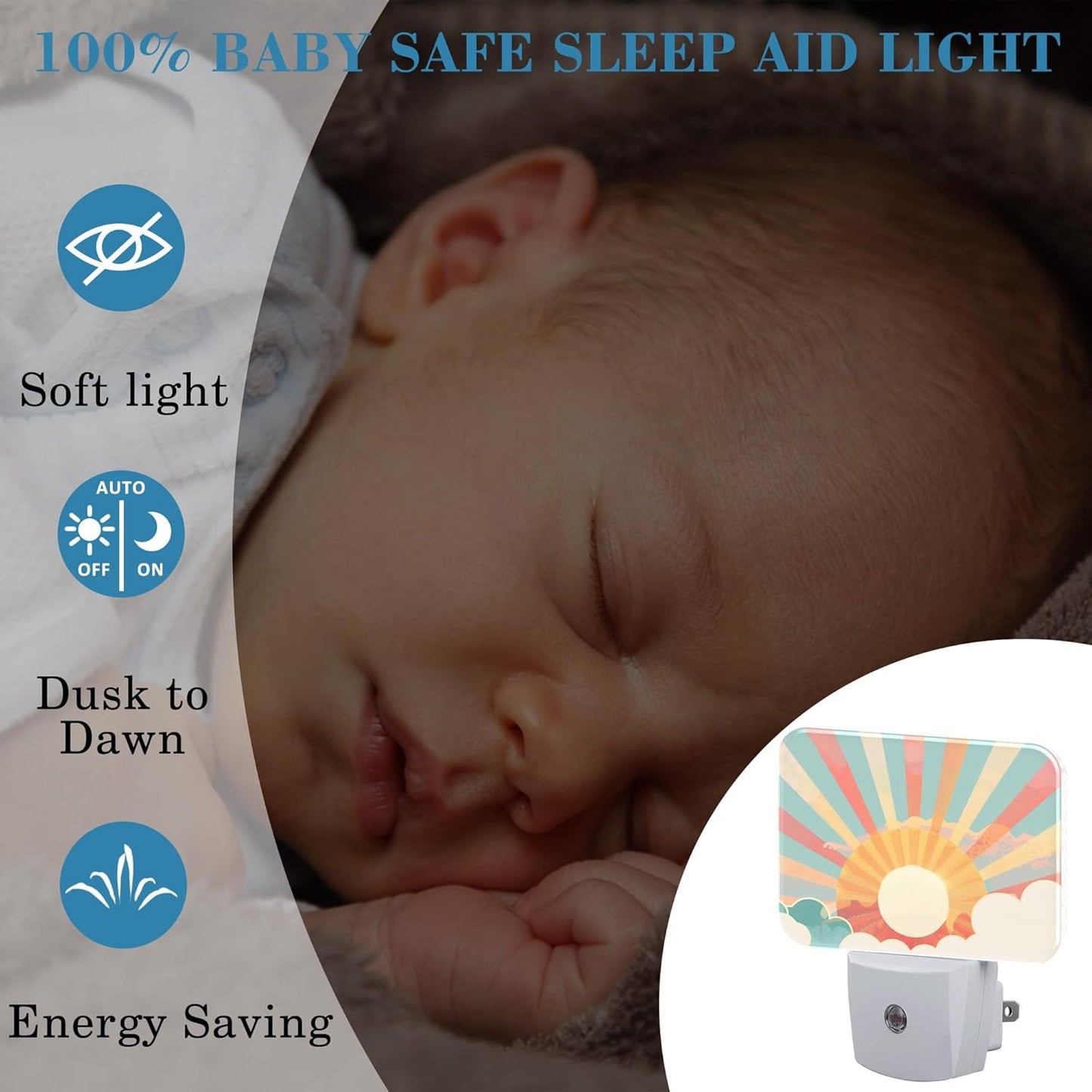 Boho Pastel Sun Night Light Retro Sunrise Nightlight Plug into Wall with Dusk to Dawn Sensor for Kid Girls Boys Women Men Room, Hallway, Kitchen, Bathroom, Stairs Decor
