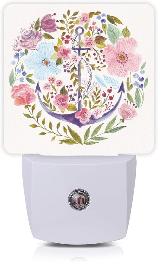 Anchor Night Light,Watercolor Floral Plug in Night Lights 0.5W Sleep Friendly for Boys Girls Led Night Light Dusk to Dawn Sensor Nightlight for Stairway/Hallway/Kitchen