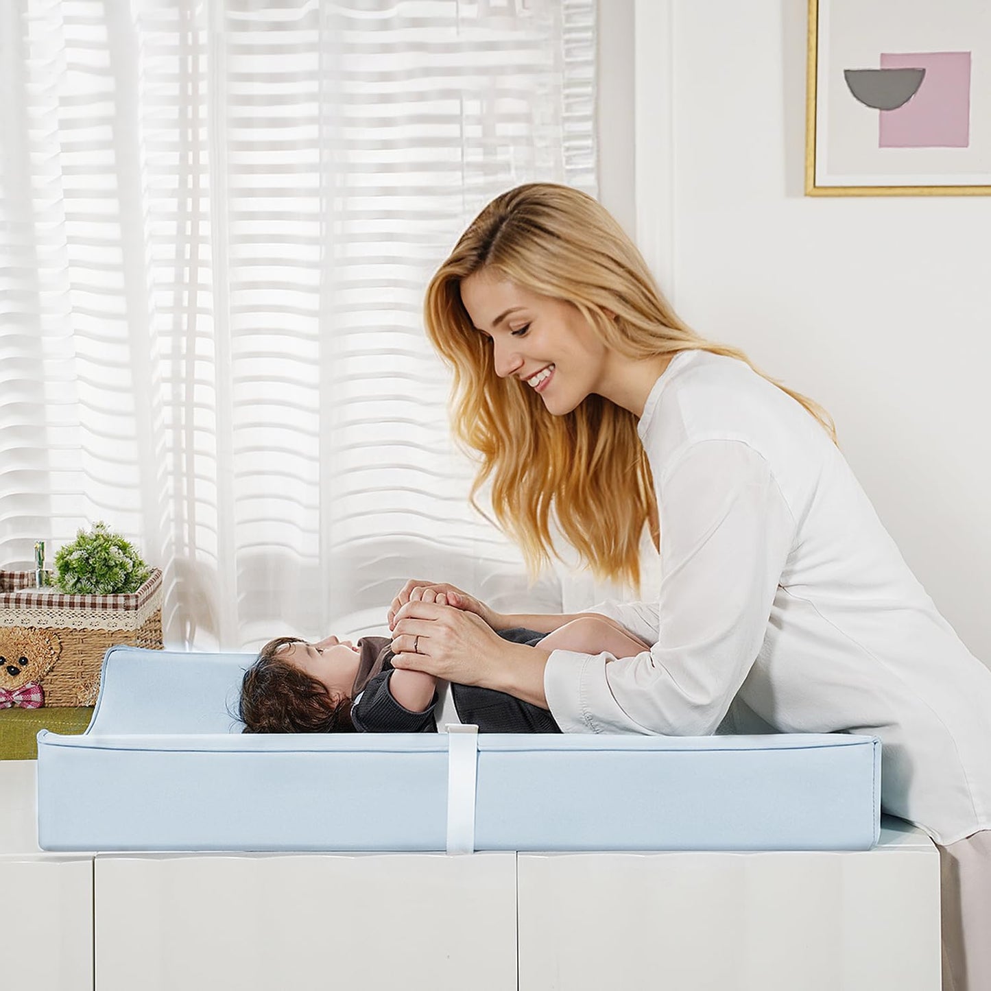 Vegan Leather Changing Pad Cover with Zipper - 31"X 16" - Waterproof Wipeable, Extra Thick & Portable & Non-Slip Diaper Mat - Fits Standard Changing Tables (Blue)