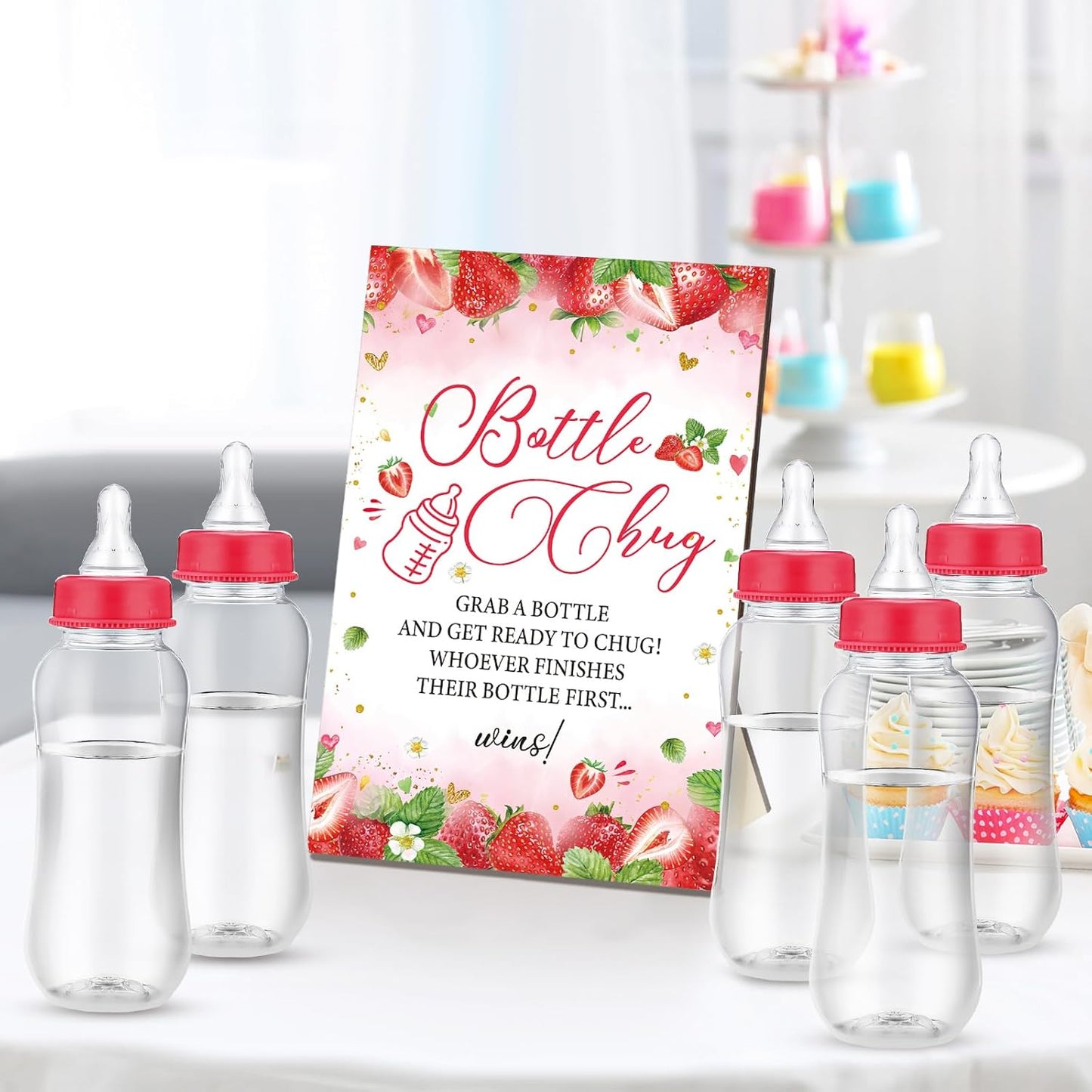 TrelaCo Cool Baby Shower Games Wooden Bottle Chug Sign Strawberry Theme Gift Sets and 12 Pcs Baby Bottle Shower Favor for Rustic Kraft Games Gender Reveal