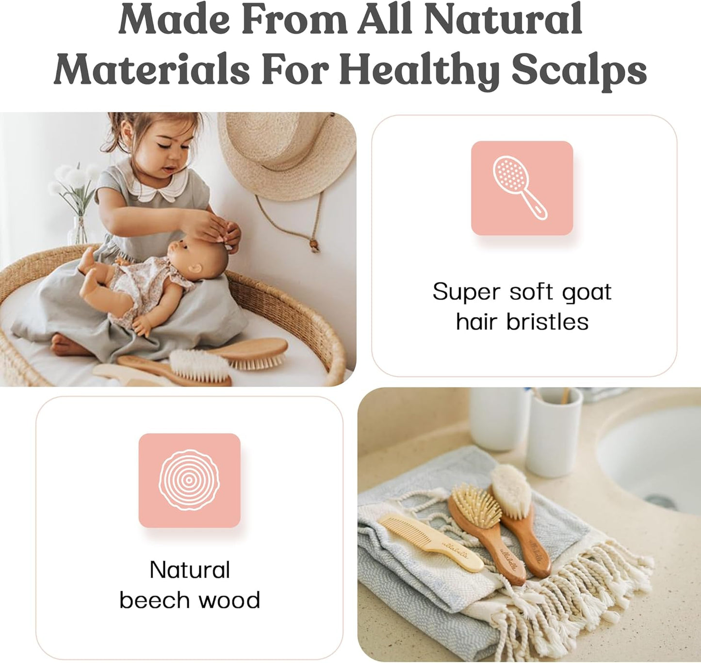 Ullabelle 4 Piece Wooden Baby Hair Brush and Comb Set for Newborns & Toddlers in Chic Gift Box - Ultra Soft Natural Goat Hair and Wood Baby Brush Set Prevents Cradle Cap - Perfect Registry Gift (Pink)