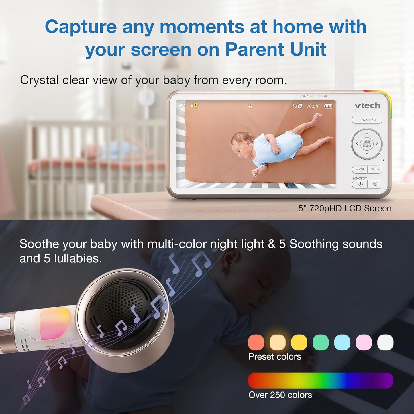 VTech V-Care VC2105 1080p FHD Over-The Crib Mount Smart Baby Monitor 5” 720p LCD Screen,Table Stand,Remote Access,Versatile Placement,Intelligence Detection, Sleep Analysis,18hrs Recording,with WiFi
