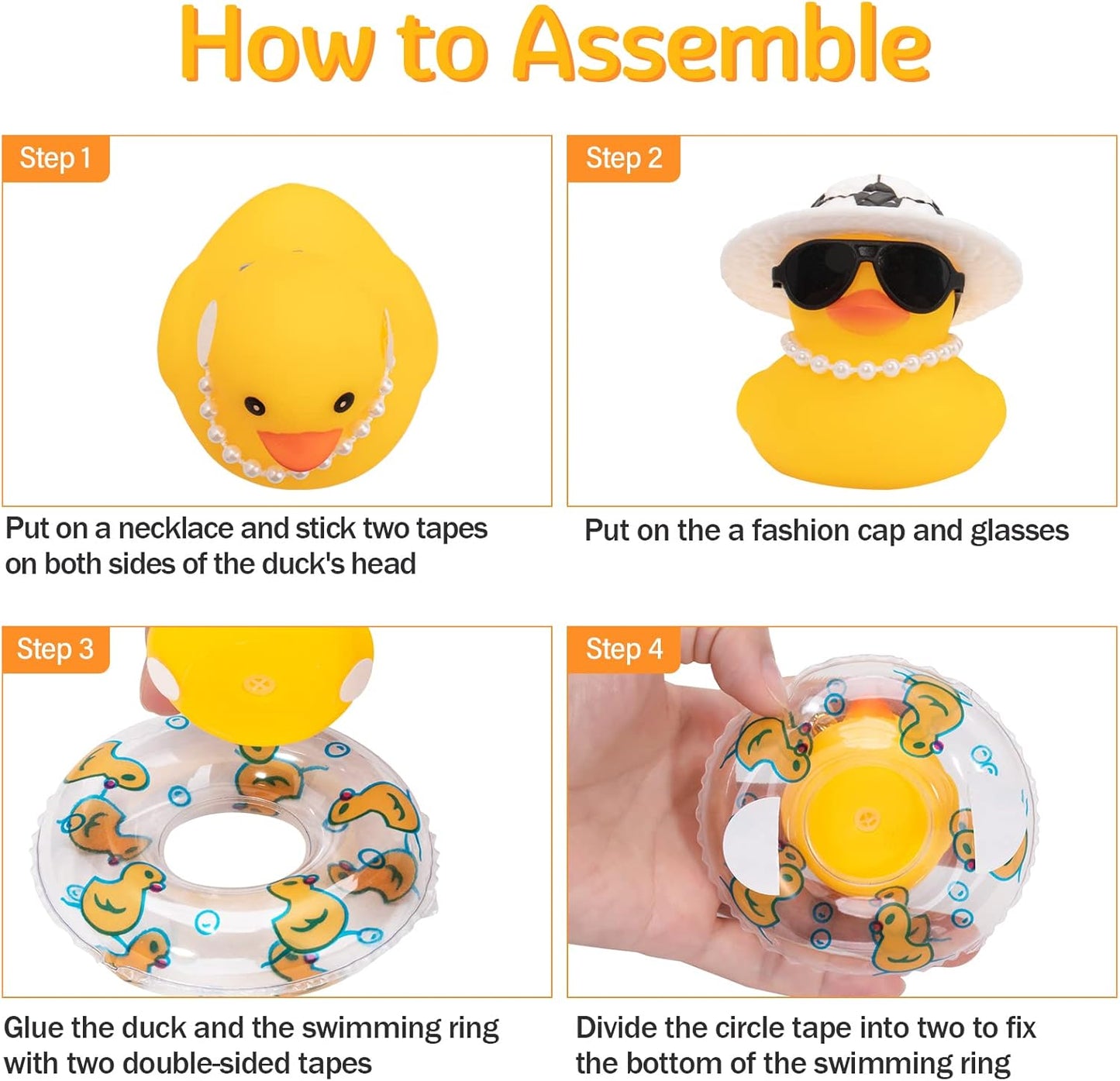 wonuu Car Rubber Duck, Yellow Duck Decoration Dashboard with Sun Hat Swim Ring Necklace Sunglasses for Car Dashboard Decorations, Black White Cowboy Hat-Transparent-Small Pearl