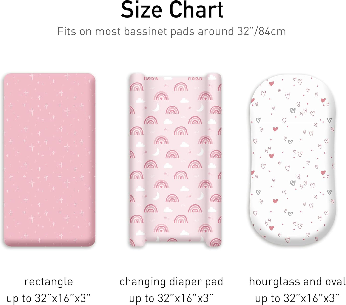 Bassinet Sheets for Baby Girl 32 * 16, 3 Pack Soft Breathable Baby Bassinet Mattress Sheets Fit for Hourglass Oval Cradle, Moses Basket Rectangle Mattress (Rainbow, Pink)