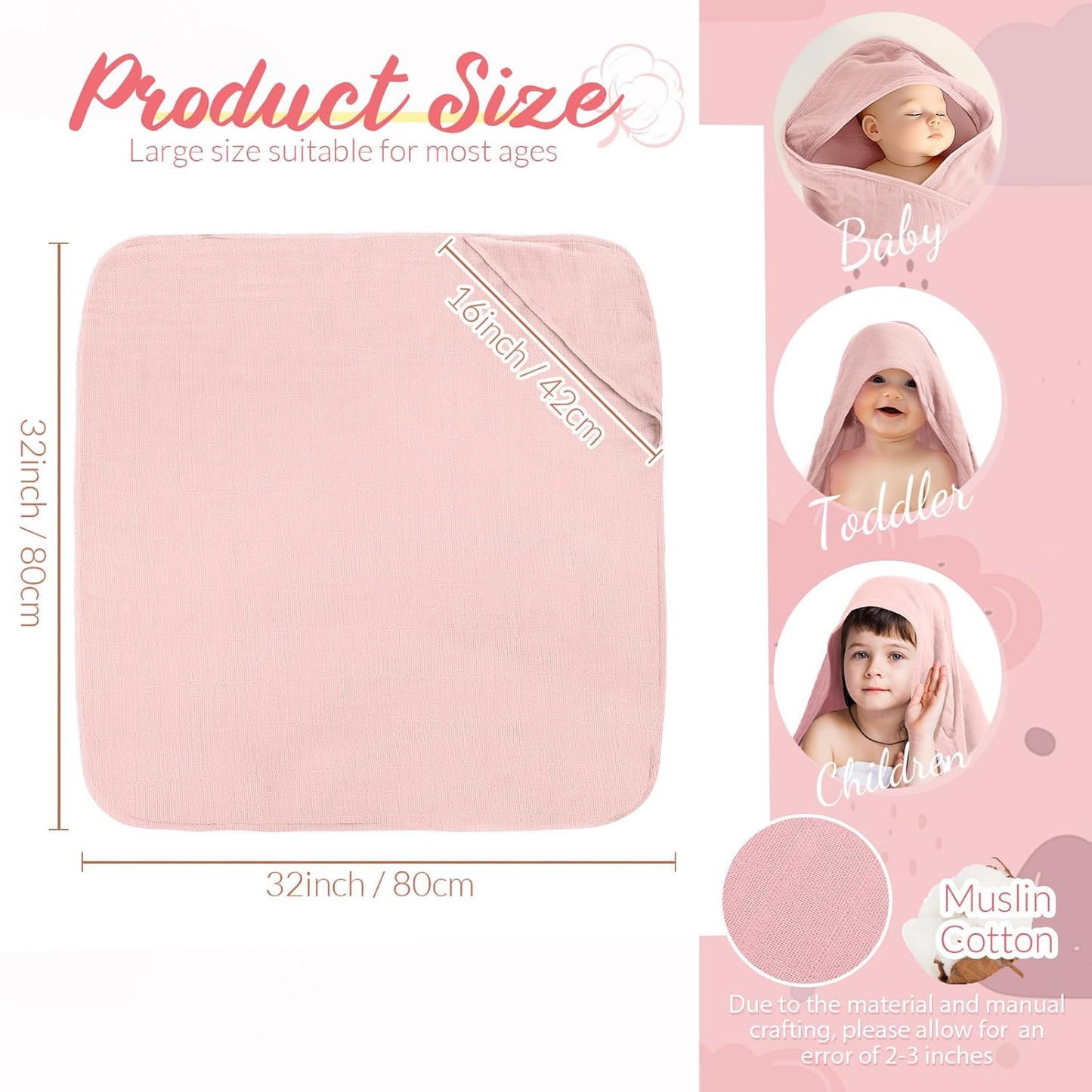 Preboun 6 Pcs Muslin Hooded Baby Towels and Washcloths 32"x 32" Cotton Newborn Bath Towel Anti-Shrink Infant Baby Blankets with Hood 12"x 12" Washcloths for Girl Boy Toddler(Ivory,Pink)