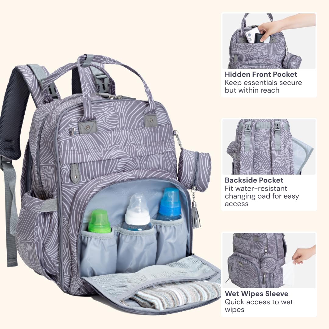 BabbleRoo Diaper Bag Backpack - Baby Essentials Travel Tote - Multi Function Water Resistant Diaper Bag, Travel Essentials Baby Bag with Changing Pad, Stroller Straps & Pacifier Case - Grey Swirls