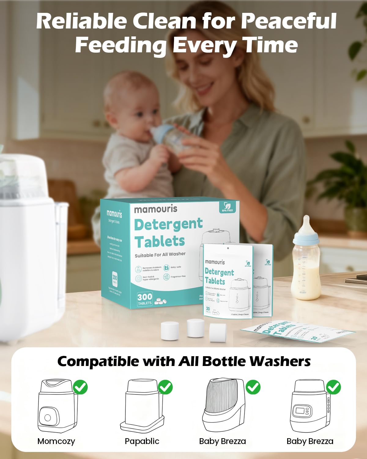 300PCS Official Detergent Cleaning Tablets: for Baby Brezza Grownsy Papablic Momfann Bottle Washer - Baby Bottle Washer Tablets for All Brands Bottles Washers Machines