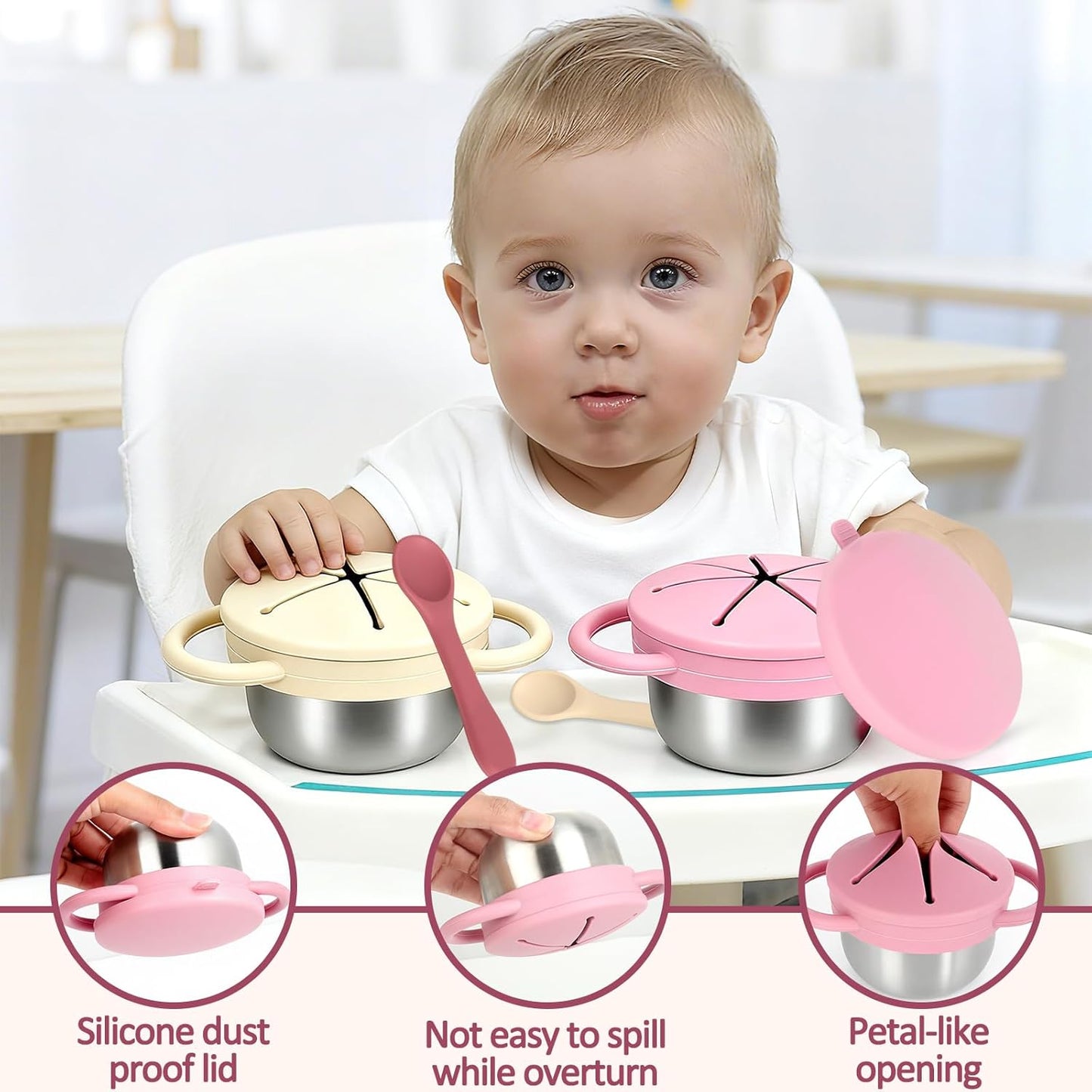 2 Pack Stainless Steel Toddler Snack Cups,Snack Containers For Kids,Baby Food Catcher Spill Proof,Bpa-Free,Food Grade Silicone,Spoon Is Included