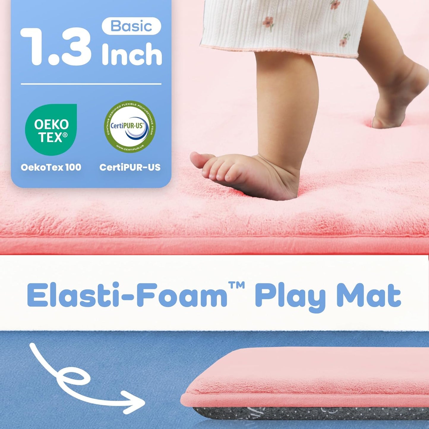 1.3" Thick Baby Floor Play Mat 50x50, Basic Padded Foam Mat for Tummy Time Crawling, Non Slip Cushioned for Babies Toddlers Infants Kids (Pink)
