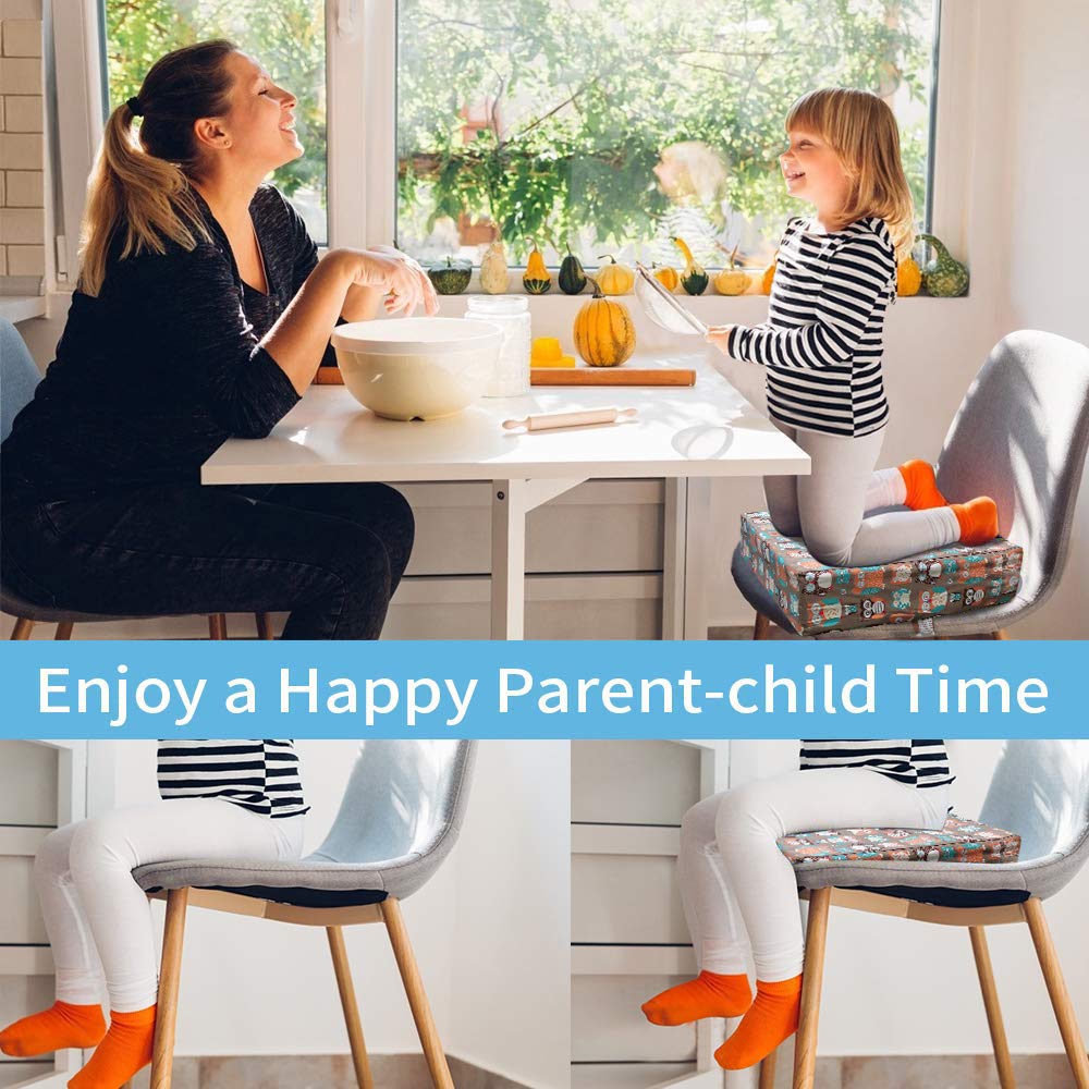 Taeku Booster Seat for Dining Table, Portable Kids Toddler Booster Chair Increasing Cushion Cartoon Seat Pad with 2 Safety Buckles for Kitchen Restaurant (Owl Orange)