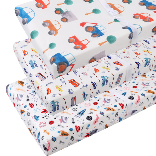 Changing Pad Cover Set 3 Pack Jersey Knit Ultra Soft for Baby Boys Girls Rocket Satellite/Car/Bus