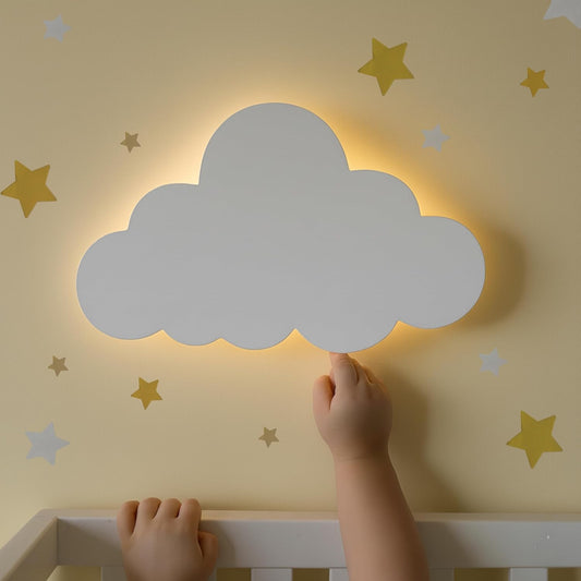 Nursery Night Light – Dimmable Cloud Wall Light for Kids and Baby Room Decor – Rechargeable LED Light with Touch Control for Bedtime Routines (Star Decals Included)