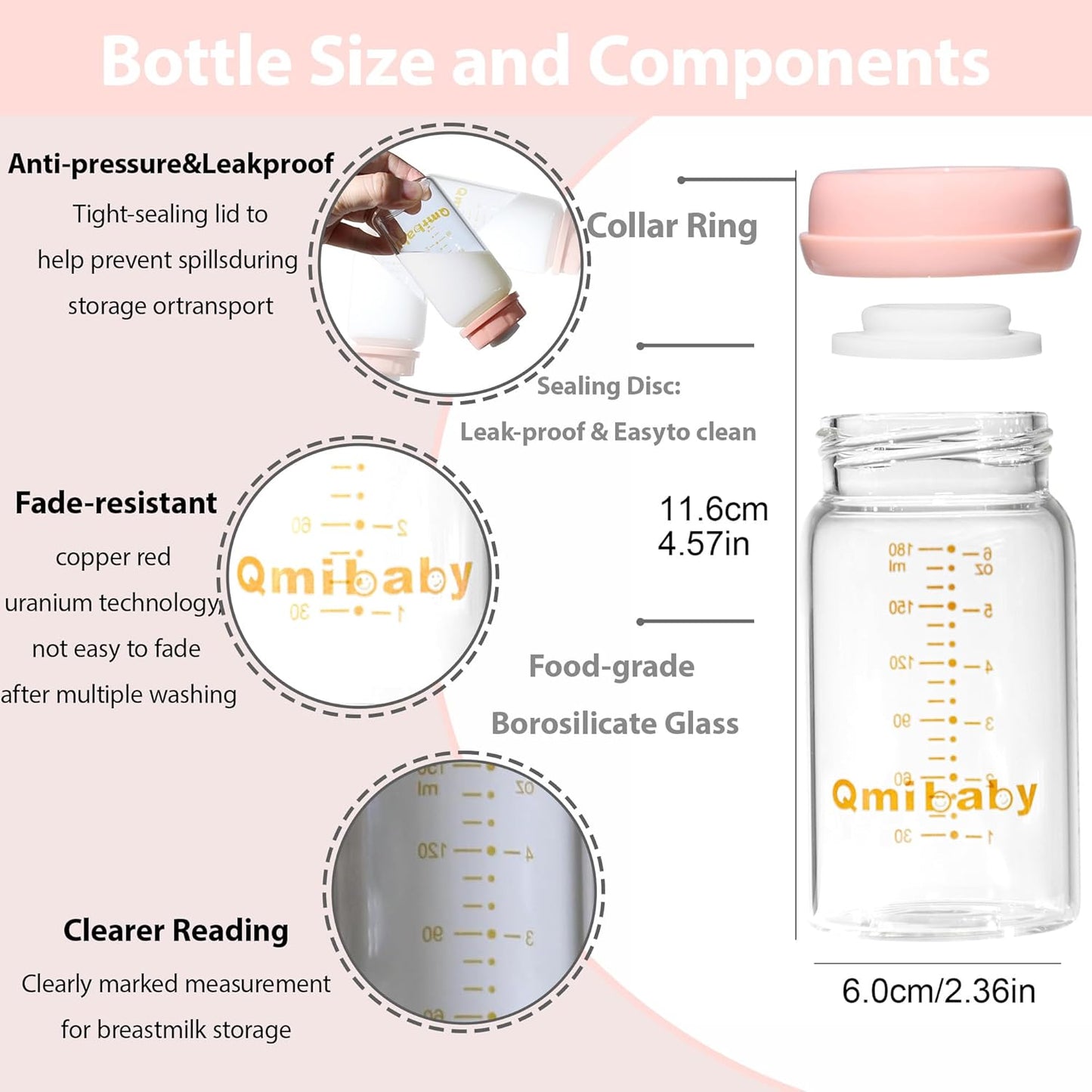 Breast Milk Storage Bottles 180ml 6oz BPA-Free Leak-Proof Natural Baby Bottle for Breastmilk Storage Wide Neck Bottles with Screw Ring Sealing Disk Breastfeeding (Pink, 180ml-6Packs)