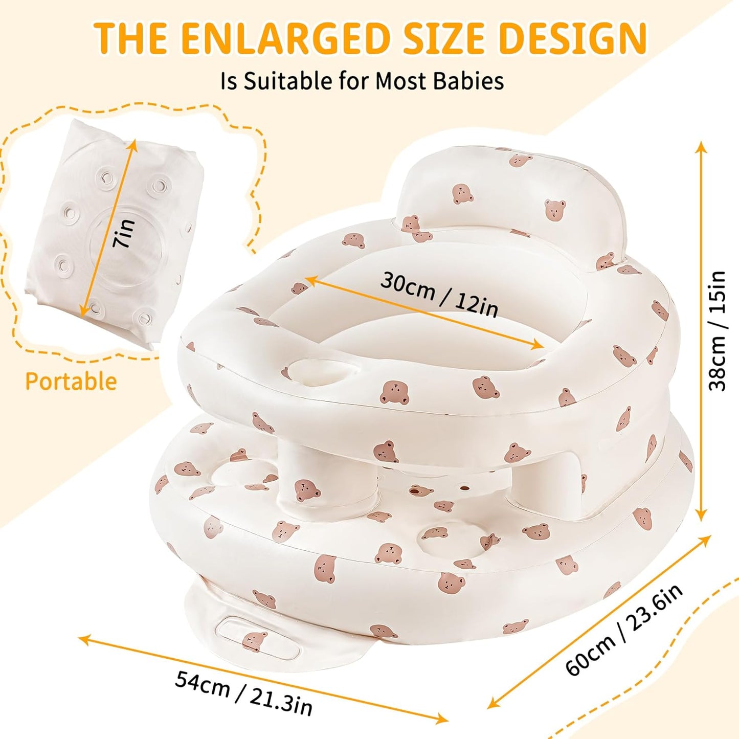 Inflatable Baby Seat for Babies 3-36 Months, Baby Chair with Fence & Built in Air Pump, Blow Up Floor Baby Seat with Back Support, Baby Sit Up Chair for Home, Travel (Bear-Large)
