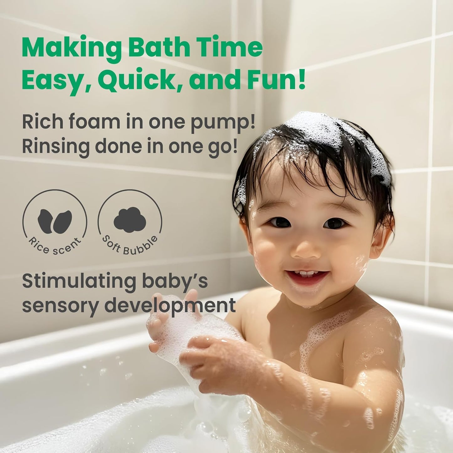 Vegan Rice Baby Wash 13.52 Oz | Tear-Free Cleanser for Newborn & Sensitive Skin | 2-in-1 Shampoo and Body Formula | Plant-Based, Korean Skincare with Gentle Rice Scent