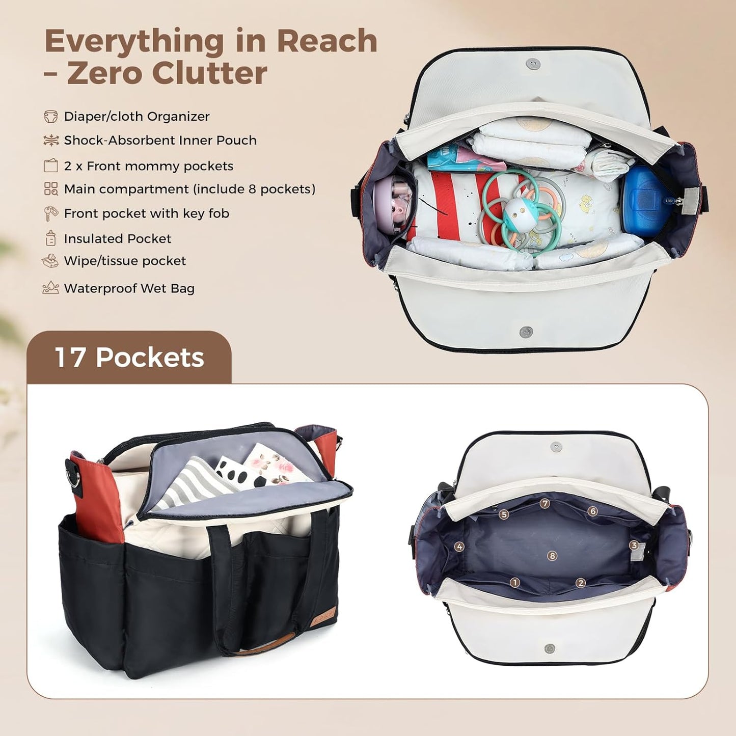 Lekebaby Diaper Bag Tote, Large Diaper Bags Waterproof,Large Mommy Bag Tote Bag Handbag Pink Travel, Black and Beige