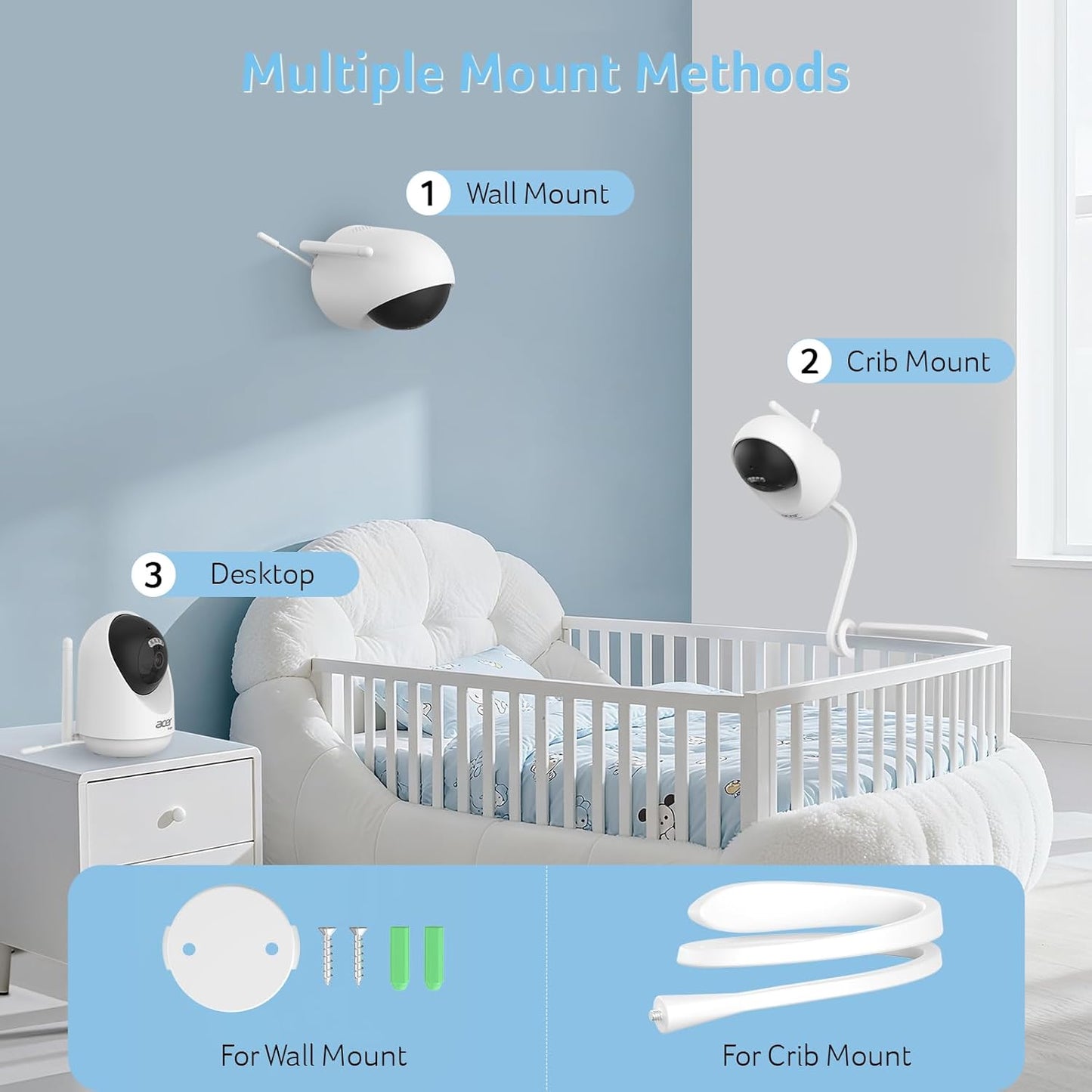 acer Video Baby Monitor 5” LCD Screen Monitor No WiFi with 1080P Camera and Audio for Crib 1000ft Range Remote Pan Tilt Night Vision, Temperature Sensor, 8 Lullabies, 2-Way Talk, Video Recording, VOX
