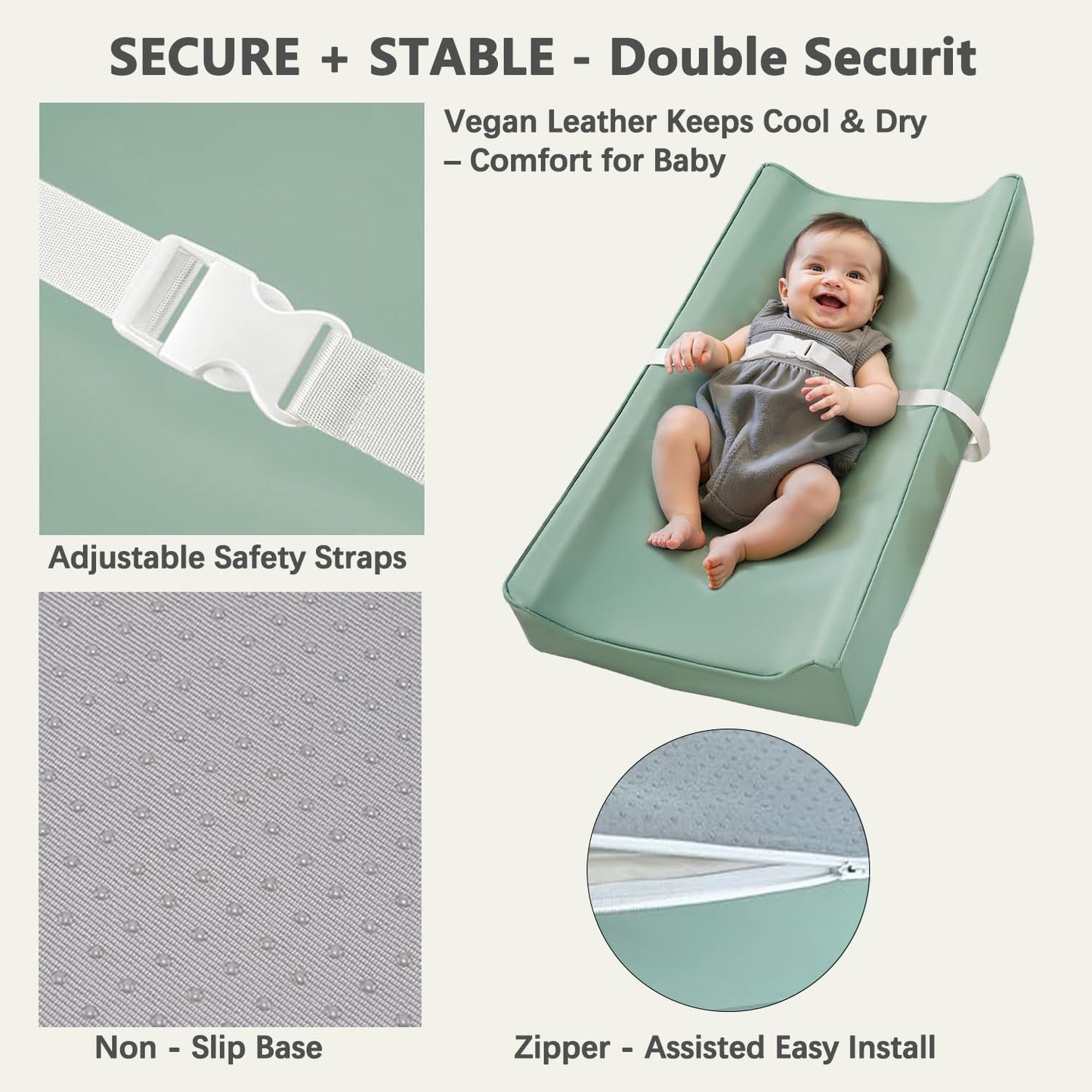 Vegan Leather Changing Pad Cover with Zipper - 31"X 16" - Waterproof Wipeable, Extra Thick & Portable & Non-Slip Diaper Mat - Fits Standard Changing Tables (Green)