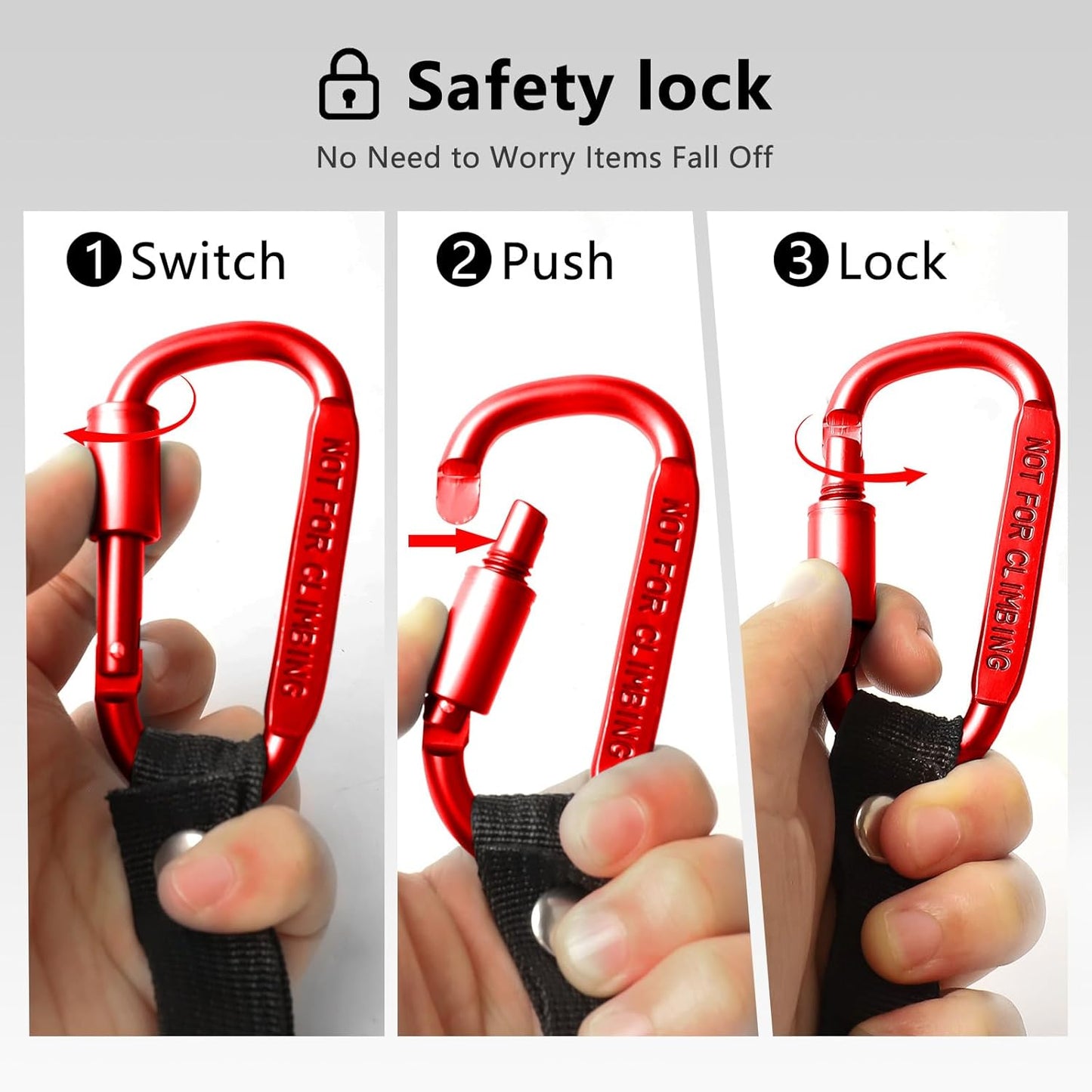 Stroller Hooks for Bags with Locking Stroller Carabiner Clip – Heavy-Duty Hooks for Diaper Bags, Groceries, Backpacks on Strollers, Bikes & Shopping Carts (Red, 2 Pieces)