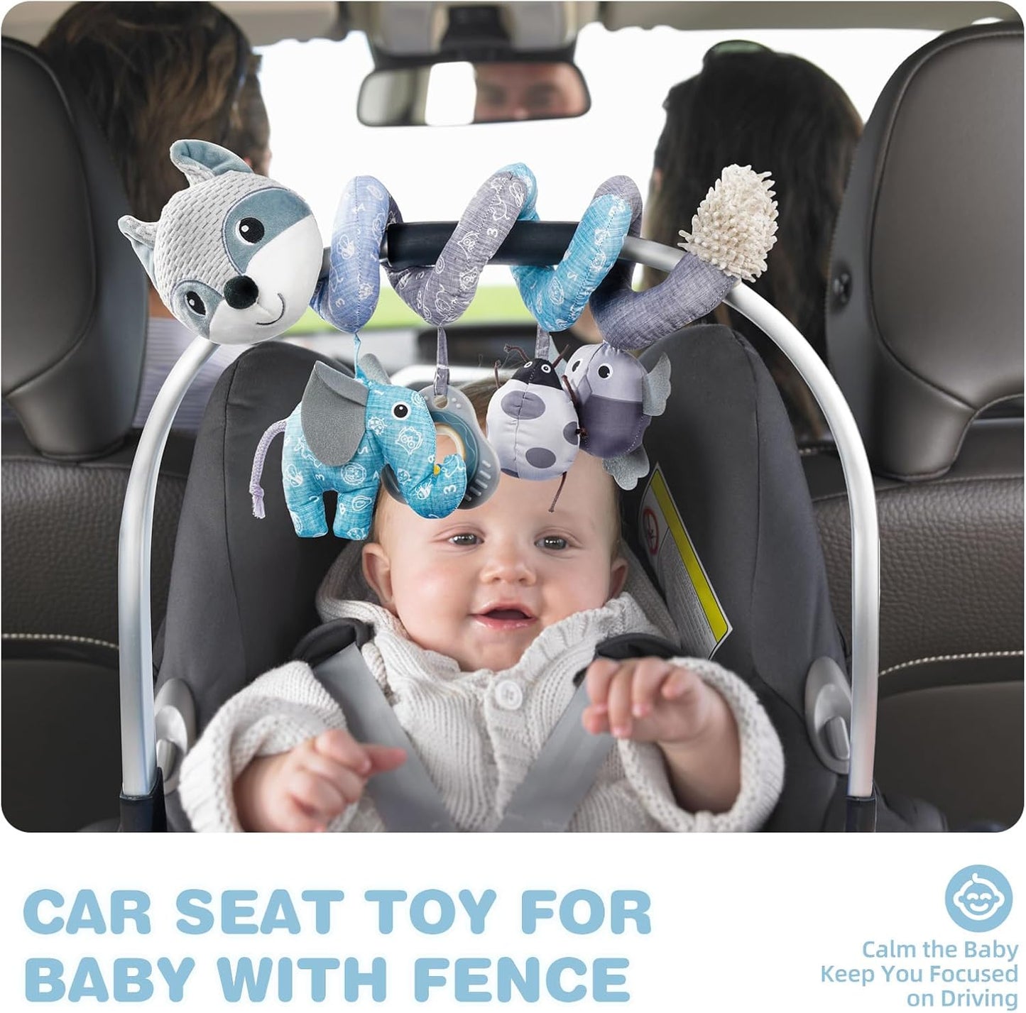 Jollybaby Crib Stroller Car Seat Toys for Baby 0-3-6-9-12 Months, Tummy Time Hanging Sensory Toys for Newborn with Music Box and Teether, Spiral Carseat Toy for Infant Boys Girls Gifts (12-Grey Fox)