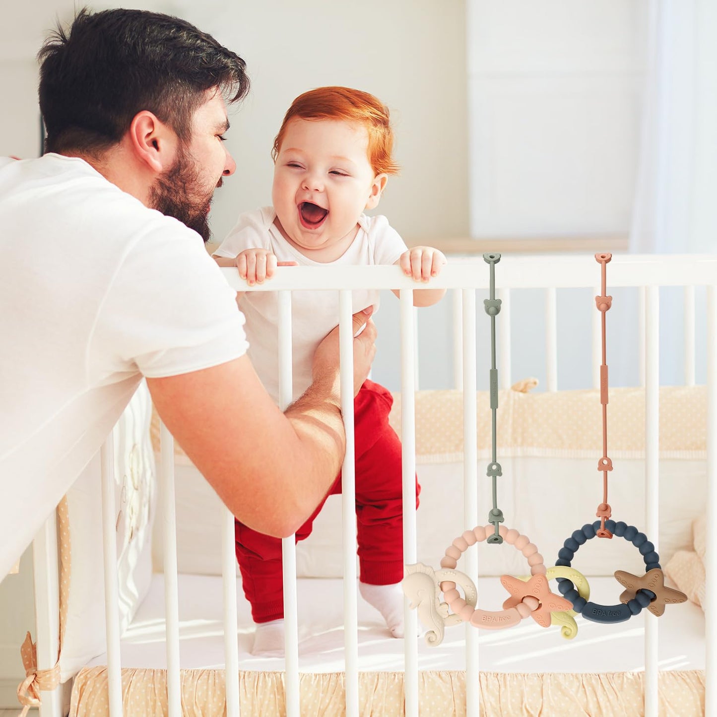 Silicone Teething Ring Toy, Baby Teether Toys with Rattles, BPA Free Sensory Chew Toys for Babies 3-6-12 Months to Soothe Sore Gums, Great Shower, Christmas Gift(Blush)