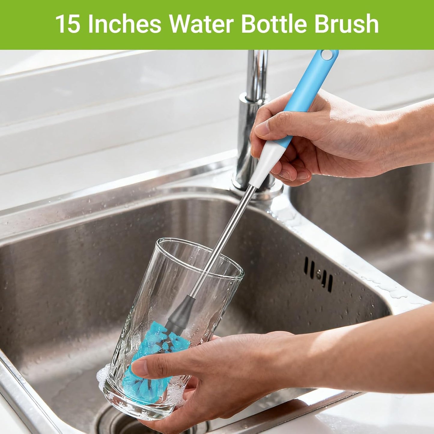 3-in-1 Bottle Brush, 15 Inches Long Handle Kitchen Water Bottle Brush, Stainless Steel Bottle Cleaner Brush with Straw Brush & Lid Brushe for Cleaning Wine Glasses,Coffee Mugs,Tumblers,Wine Decanters