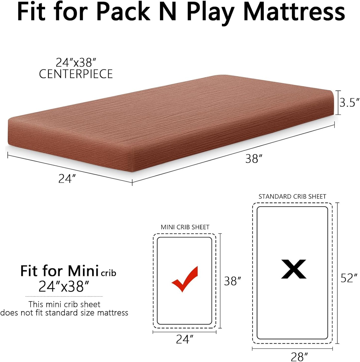 2 Pack Soft Muslin Baby Mini Crib Sheets, 100% Cotton Breathable Double Layer Fitted Sheets for Mini Crib and Pack N Play Mattresses 24x38 Inches, for Baby Girls and Boys (White & Brick