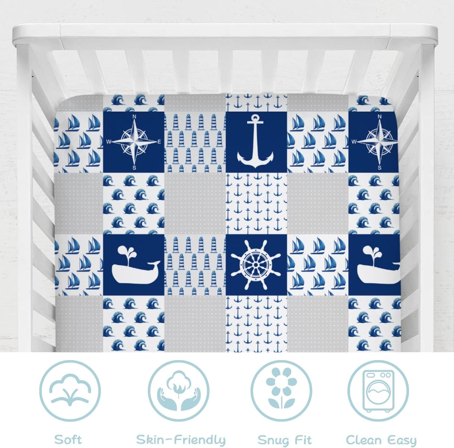 Navy Nautical Life Baby Crib Fitted Sheet 52''x28'' Sea Marine Lighthouse Compass Whale Fitted Crib Mattress Sheet for Boy Girl Nursery Bed Sheets for Standard Crib and Toddler Mattress
