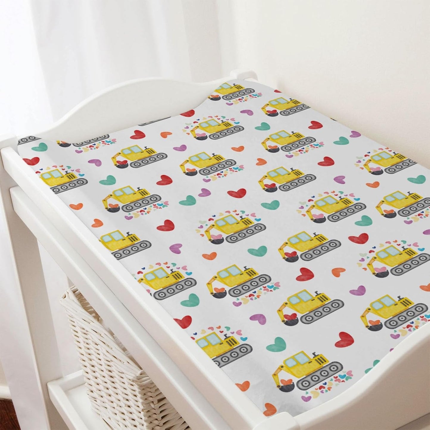 Valentine Truck Love Excavator Tractor Changing Pad Cover Construction Trucks Hearts Fitted Baby Change Table Sheets for Boys Girls Soft Stretch Fitted Changing Table Mats Cover 32''x16''