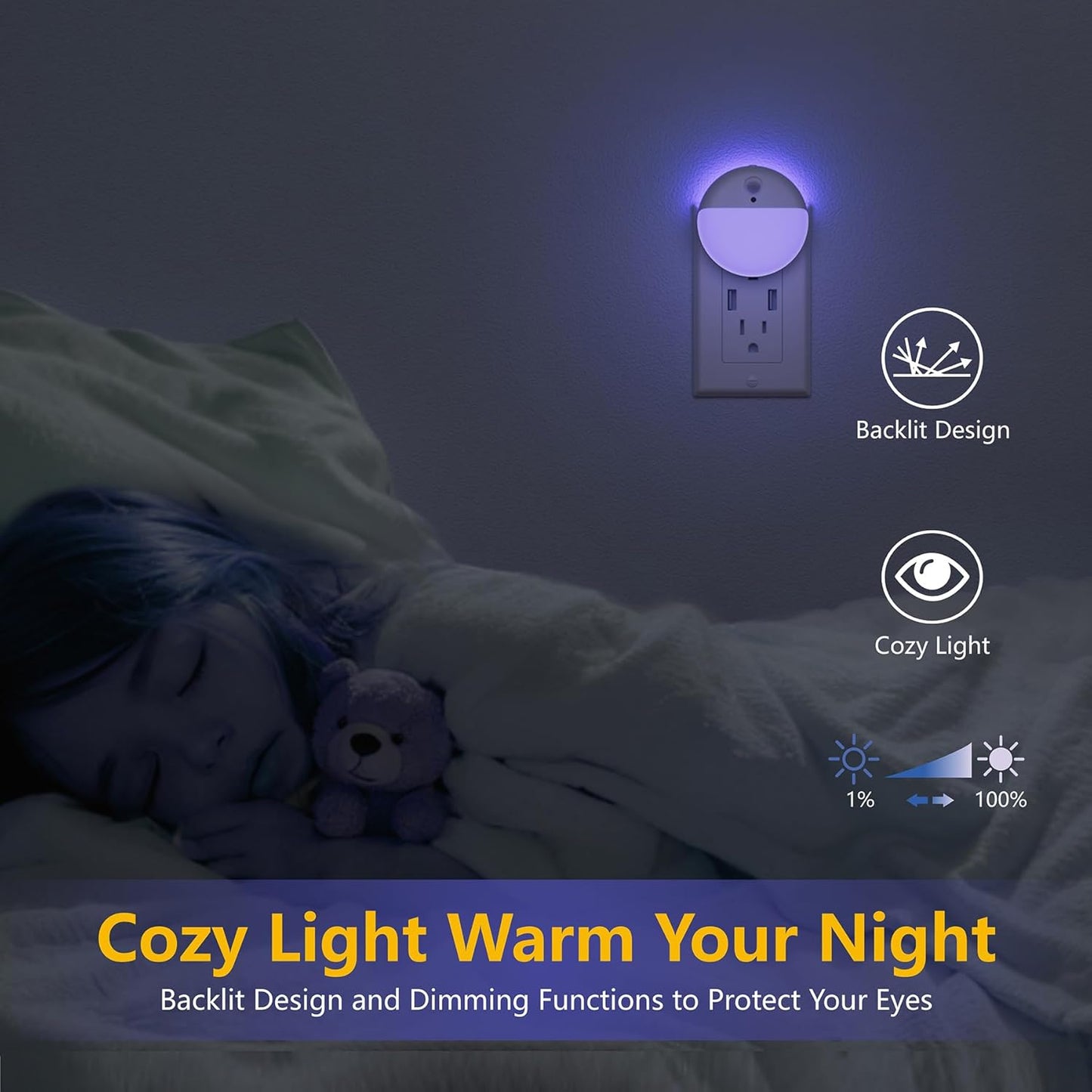 2 Pack Plug in Night Light, Dusk to Dawn, 3 Lighting Ways, Stepless Dimming, Auto On/Off Light Sensor, Blue LED Nightlight for Bathroom, Hallway, Stairs, Bedroom, Kitchen, Kids
