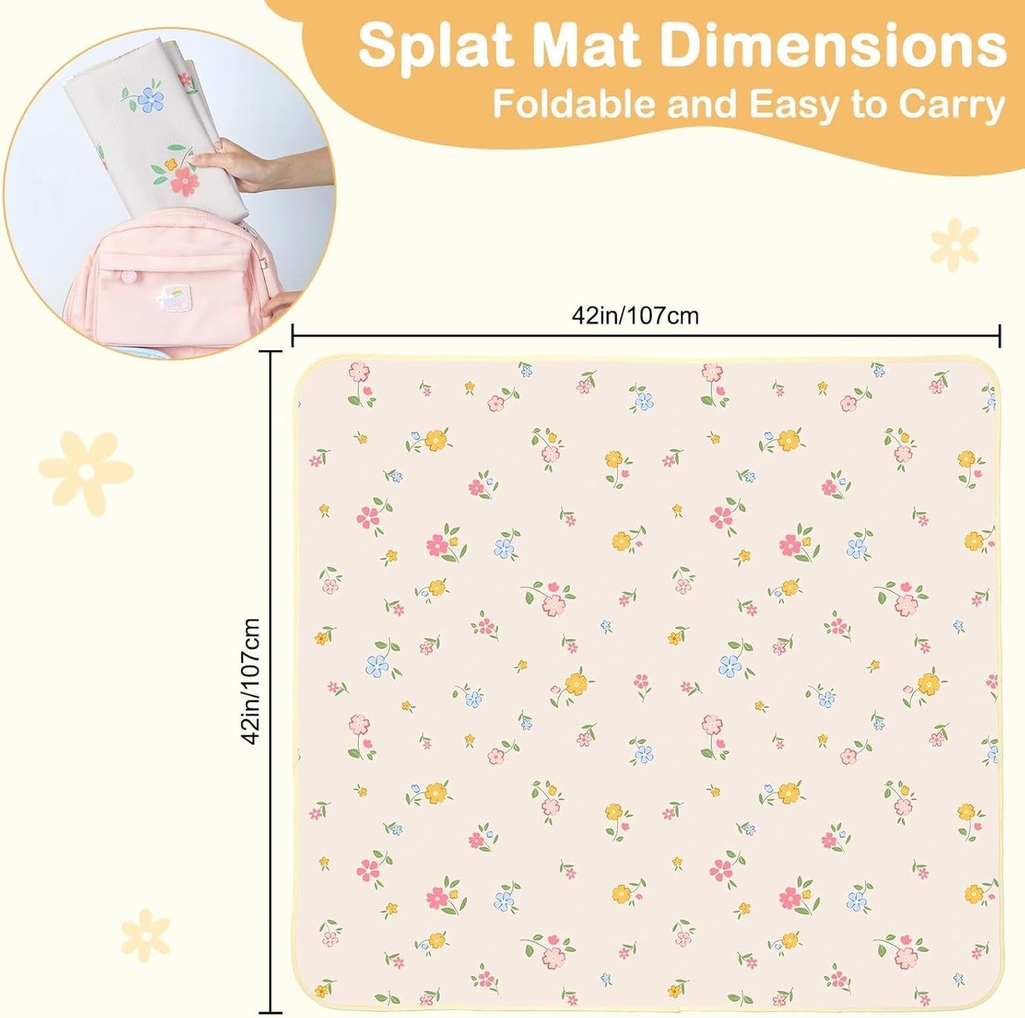 Splat Mat for Under High Chair 42 x 42 Inch Waterproof Baby Splash Mat with Non Slip Bottom Reusable Portable Highchair Mat for Floor Food Catcher for High Chair, Yellow Pink Floral