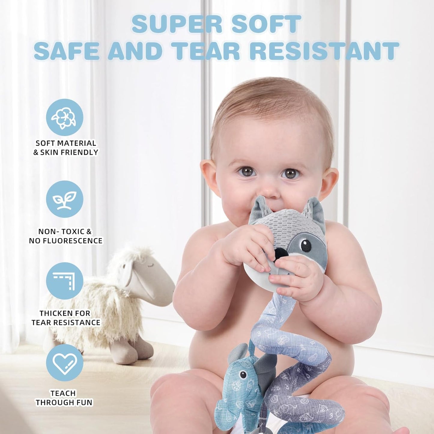 Jollybaby Crib Stroller Car Seat Toys for Baby 0-3-6-9-12 Months, Tummy Time Hanging Sensory Toys for Newborn with Music Box and Teether, Spiral Carseat Toy for Infant Boys Girls Gifts (12-Grey Fox)