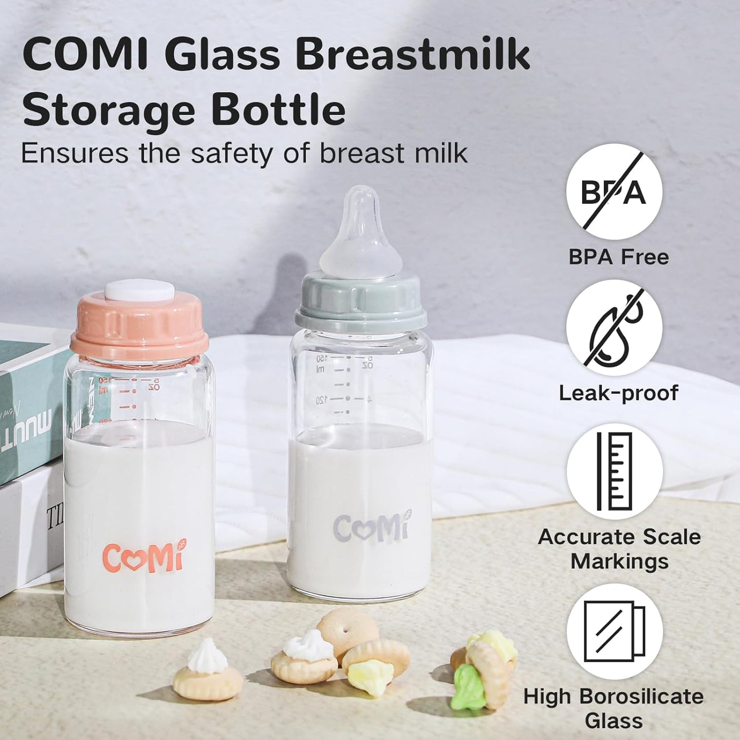 COMI Natural Glass Baby Bottle,Standard Neck Breastmilk Storage Bottle for Fridge,Breast Milk Container,Breast Pump Bottle Compatible with Medela Breast Pump,BPA Free,4PCS(5oz,4 Pink Lids)