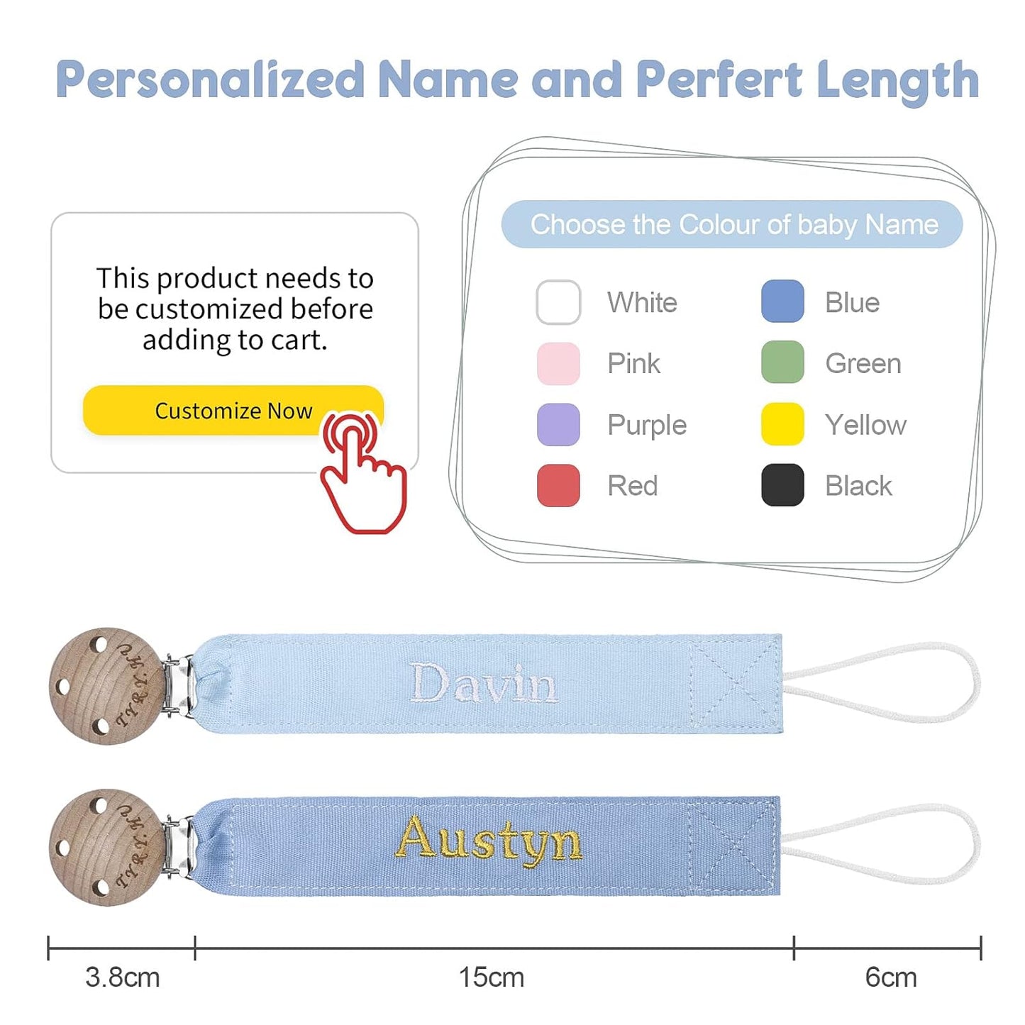 TYRY.HU Personalized Pacifier Clip with Name, Embroidery Pacifier Holder for Baby Girls and Boys, Neutral Binky Clips Universally Fit All Pacifiers & Baby Toys, Baby Gift, 2 Pack(Blue,Light Blue)