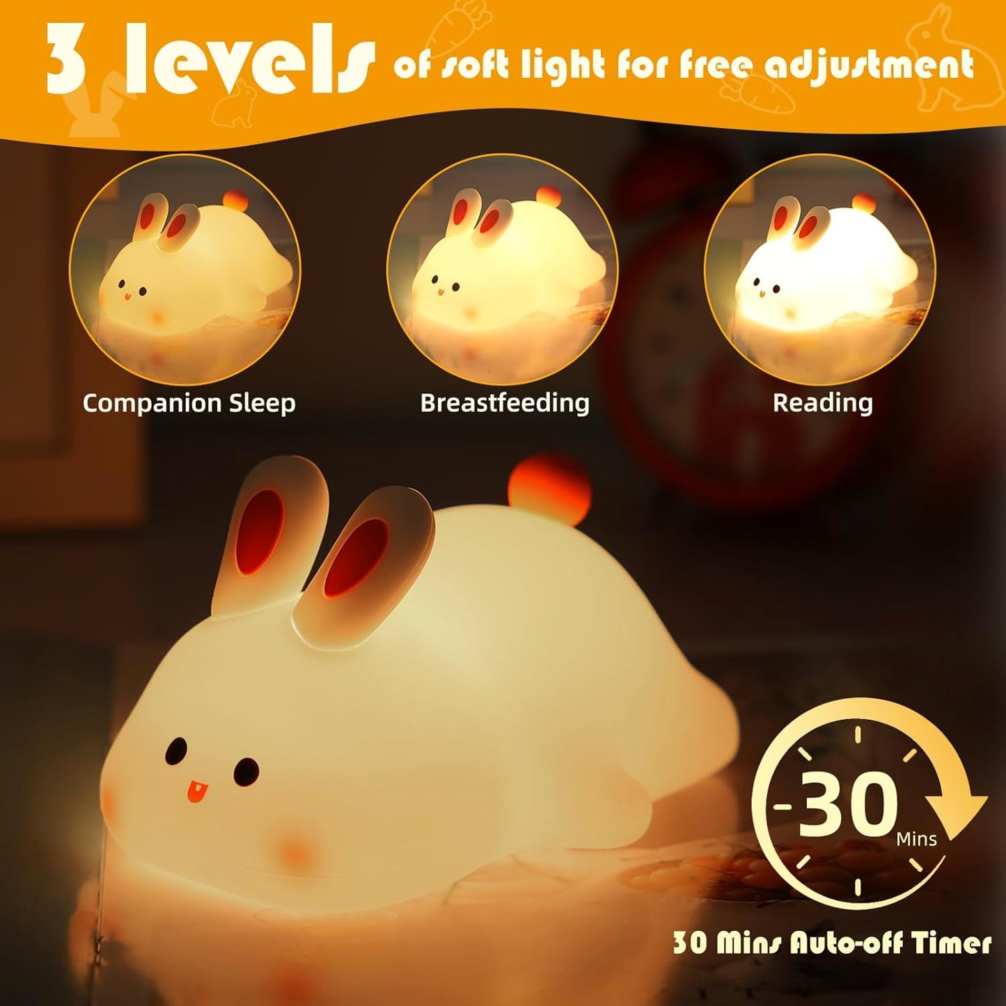 YISUN Bunny Night Light, Cute Silicone Nightlight for Baby Toddler, Rechargeable LED Nursery Lamp with Timer, 3 Level Dimmable Soft Squishy Night Lamp Gift for Bedroom Kids Room Decor